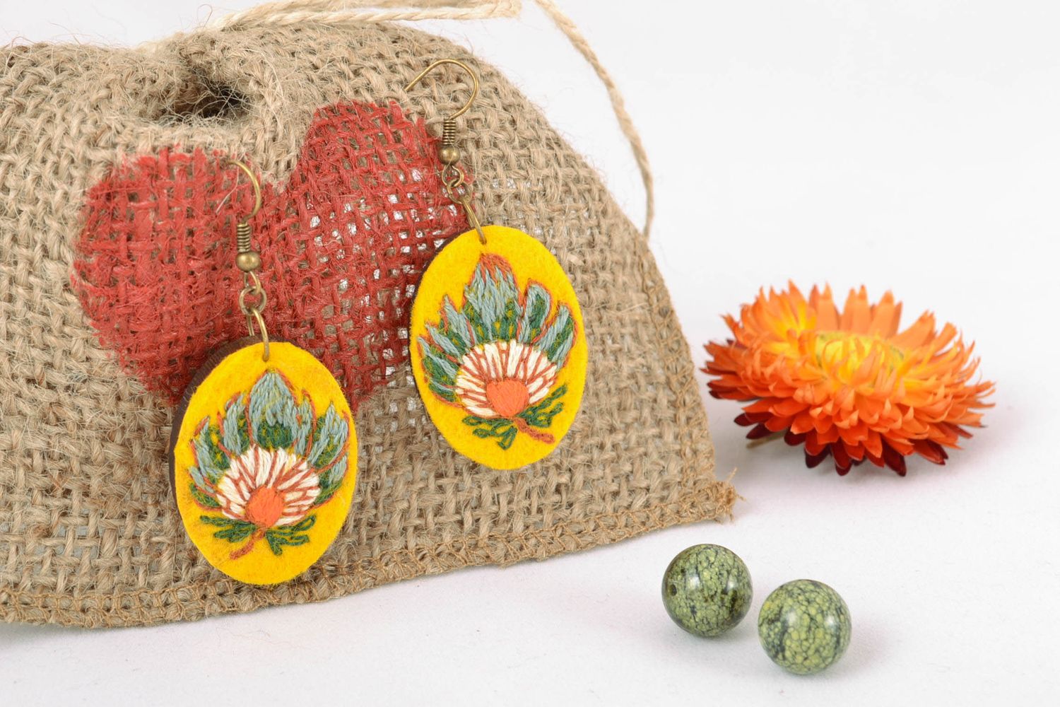 Handmade wooden and felt earrings with embroidery photo 1