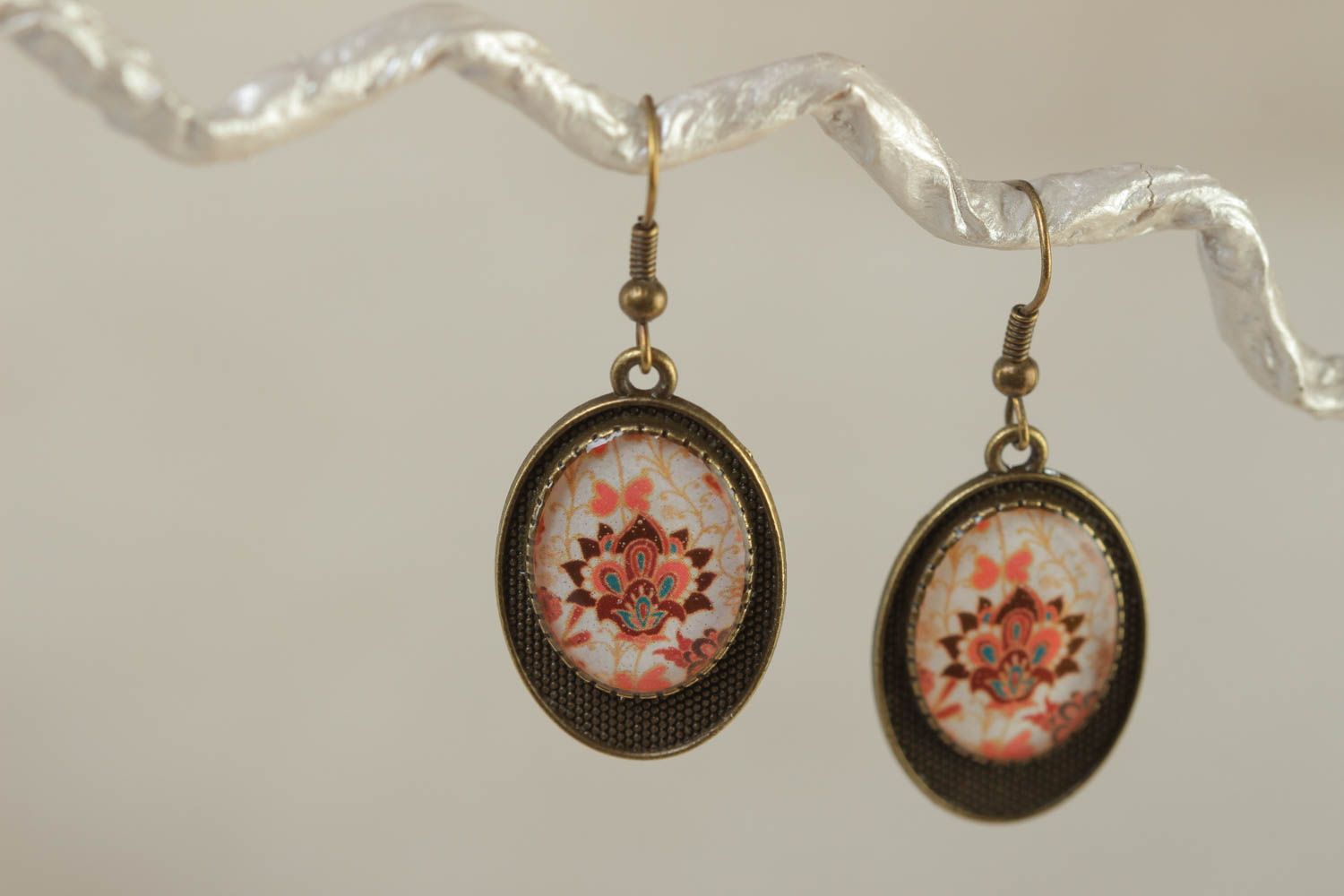 Handmade long oval glass glaze earrings in vintage style photo 1