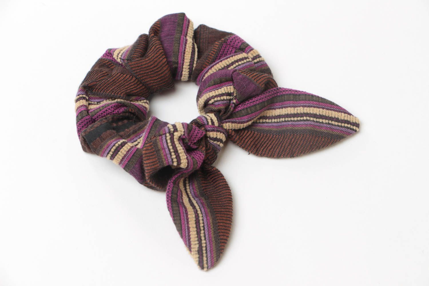 Handmade decorative striped fabric hair band in brown color palette with bow photo 2