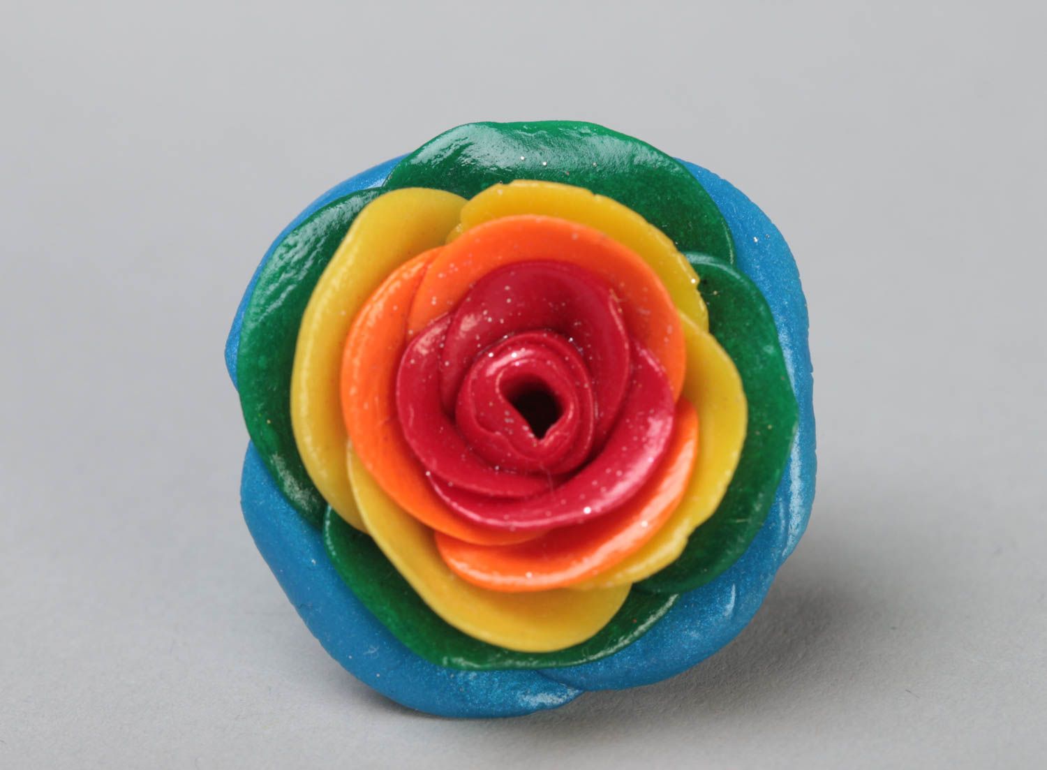Handmade seal ring on metal basis with polymer clay flower of rainbow coloring photo 2