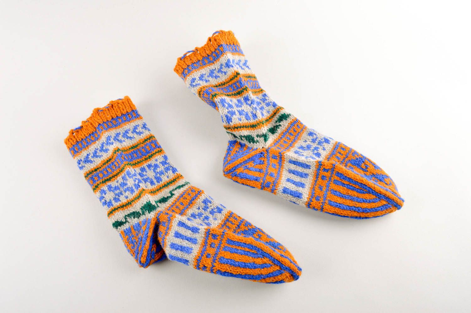 Handmade gestrickte Socken Damen Wollsocken Accessoire für Frauen blau orange foto 2