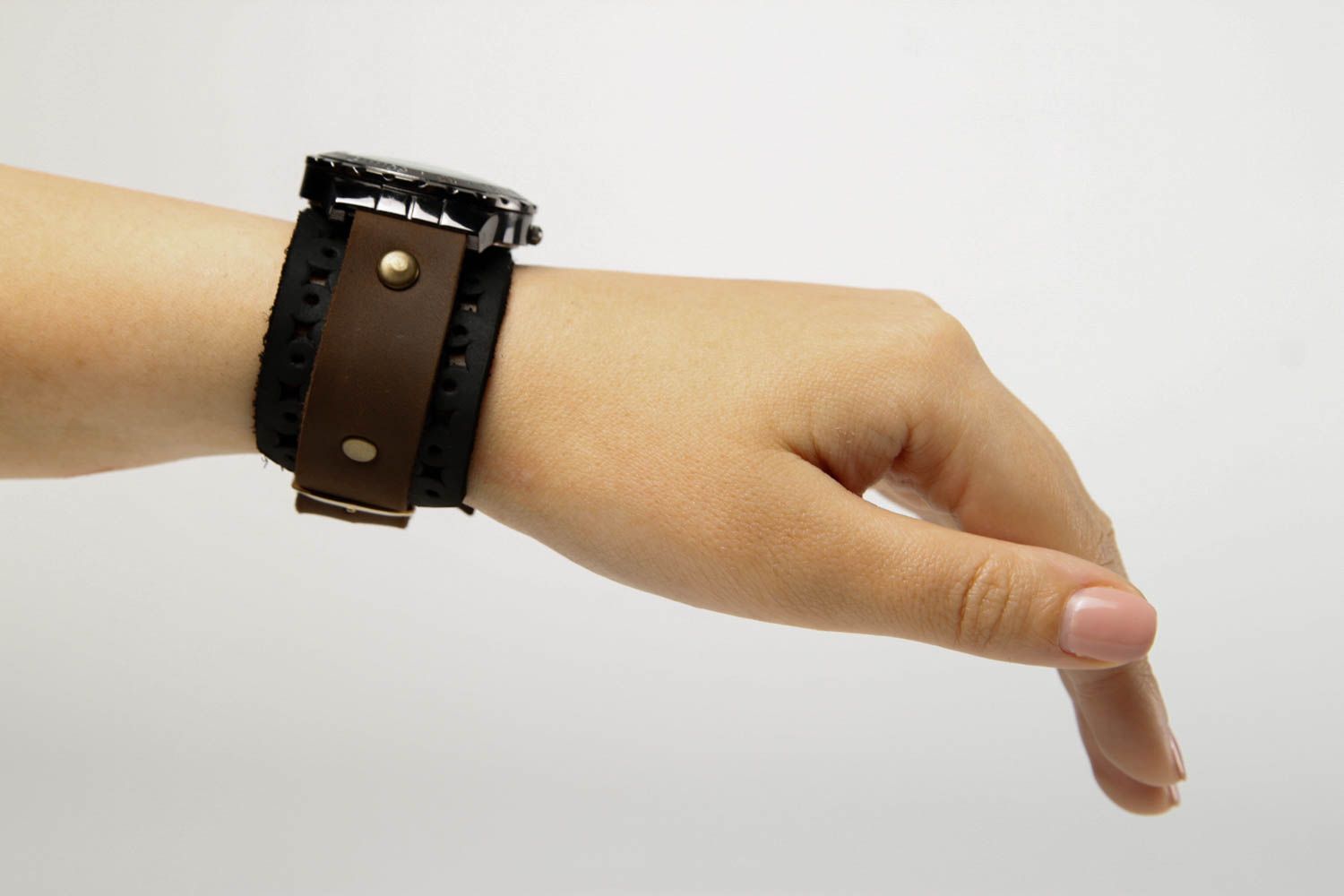 Bracelet cuir fait main Bracelet de montre large mode brun Accessoire en cuir photo 2