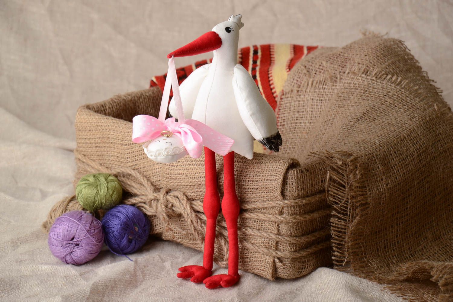 Handmade fabric soft toy for interior design Stork with Baby photo 1