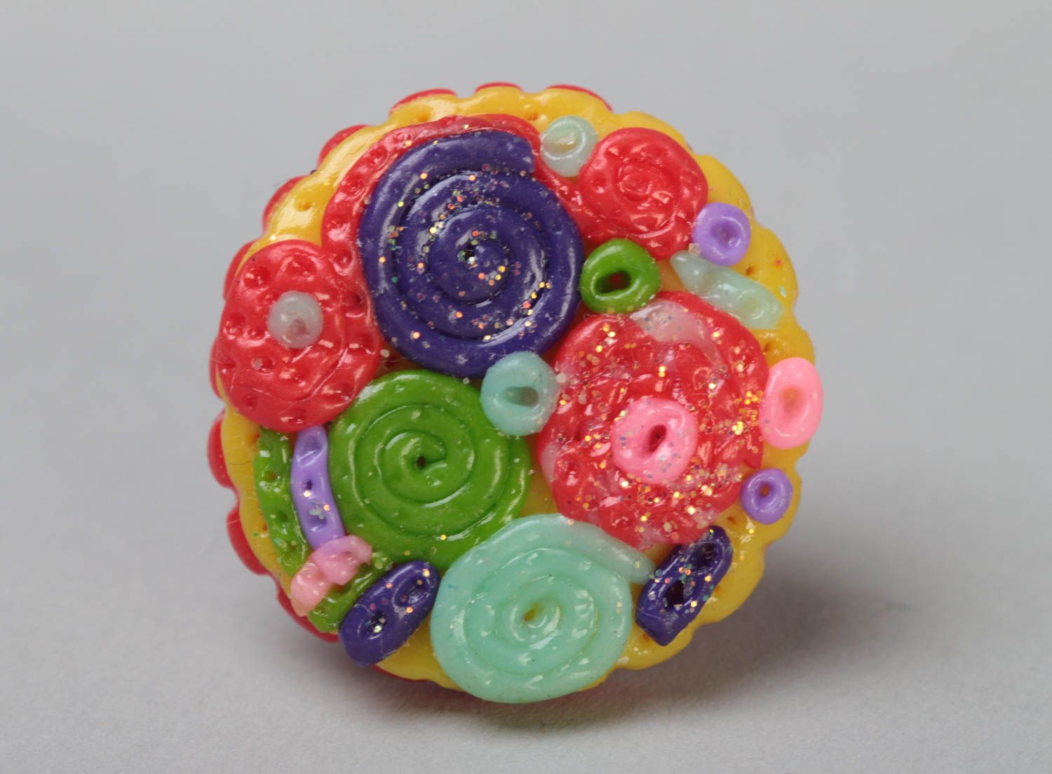 Handmade massive jewelry ring with colorful polymer clay top and metal basis photo 2