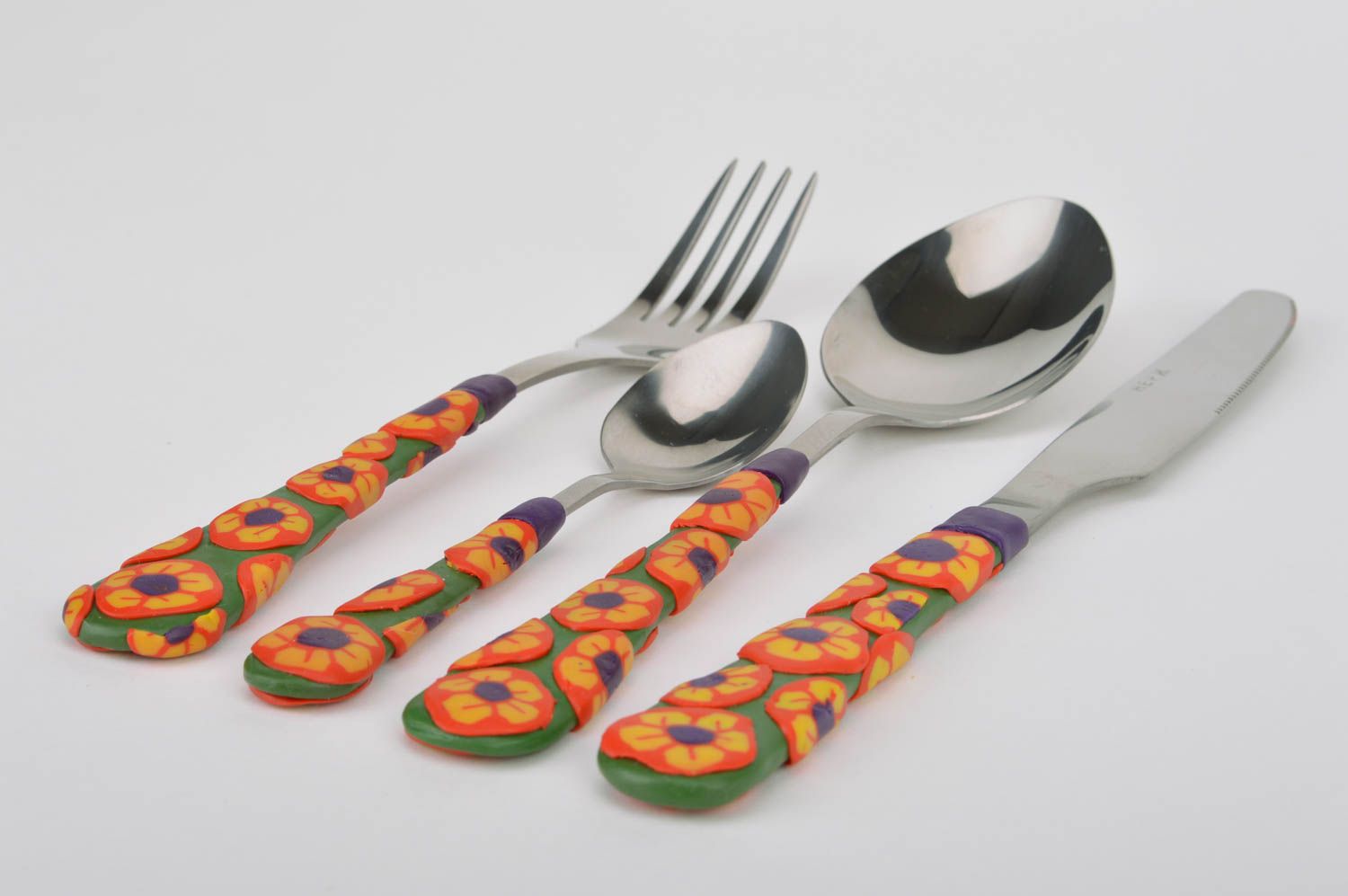 Set of designer flatware with polymer clay handles 2 spoons knife and fork photo 5