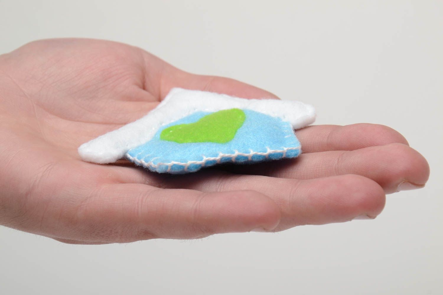 Handmade small flat soft toy sewn of fleece blue house with green heart photo 5