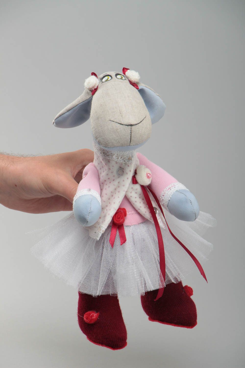 Handmade soft toy sewn of fabrics painted with acrylics cute lamb in tutu skirt photo 5