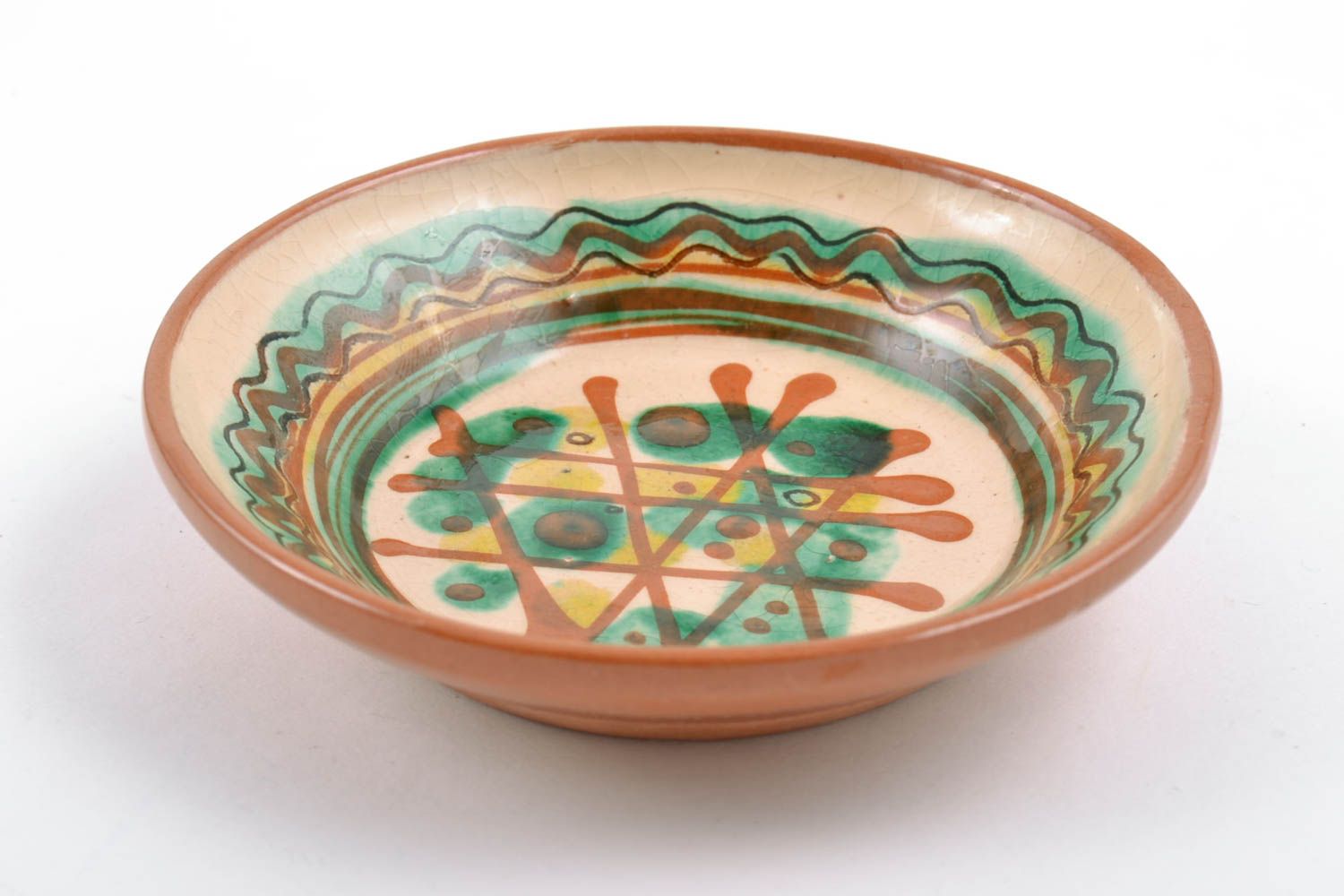 Декоративная керамическая тарелка расписанная глазурью с узором ручной работы фото 4