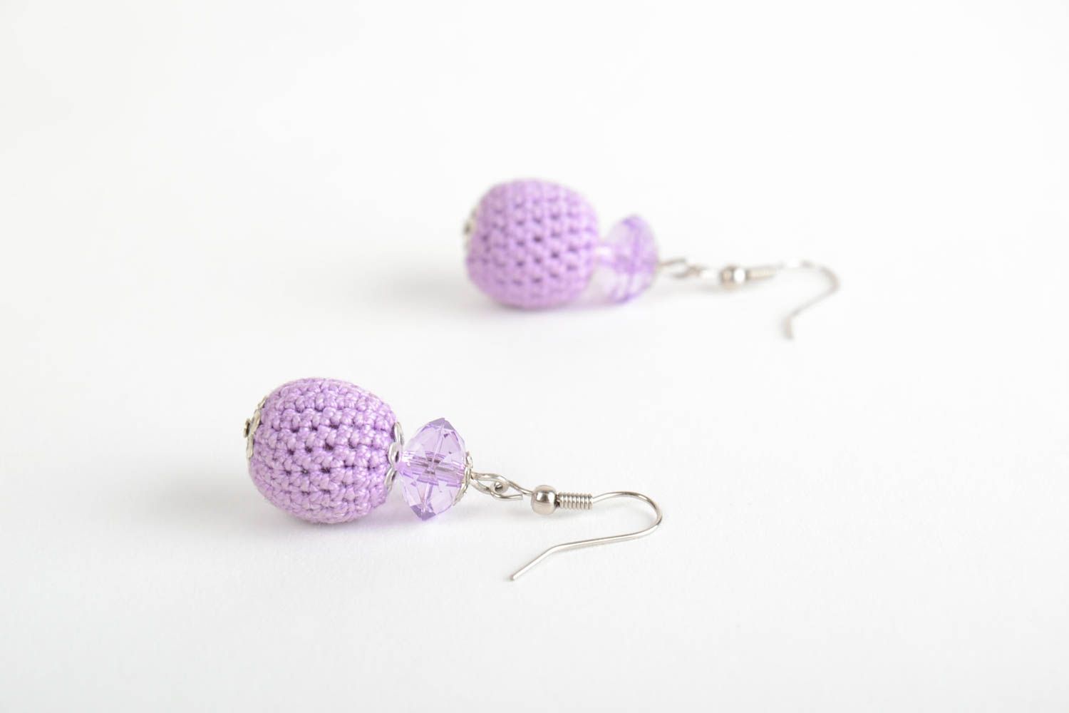 Handmade wooden bead earrings crocheted over with violet cotton threads photo 5