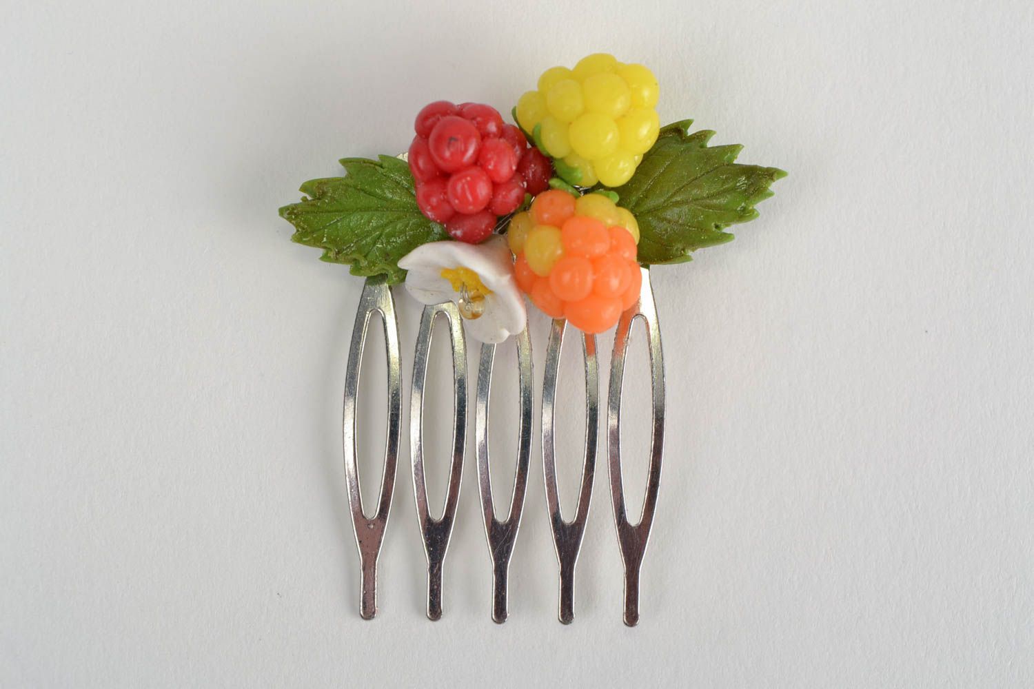 Handmade small decorative hair comb with polymer clay berries and flowers photo 3