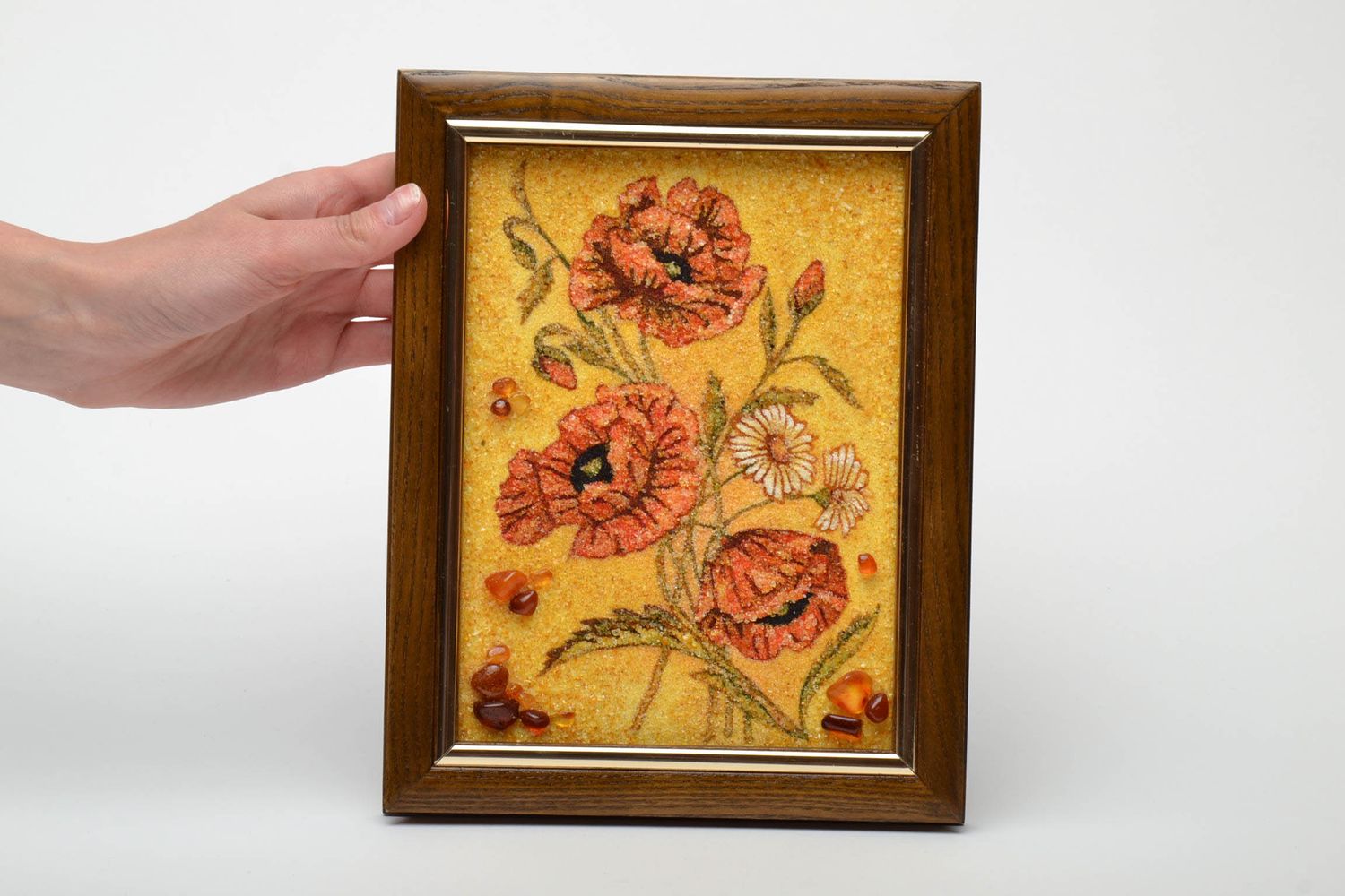 Handmade painting decorated with amber Poppies photo 5