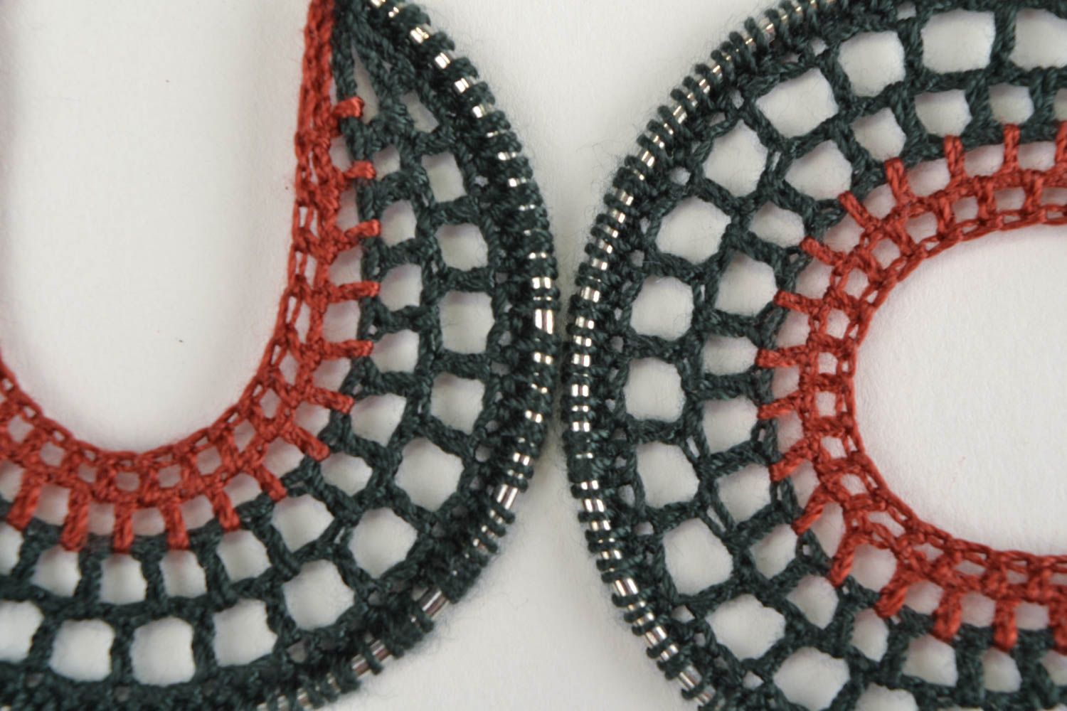 Handmade dangling ring shaped earrings woven of threads on metal round basis photo 3