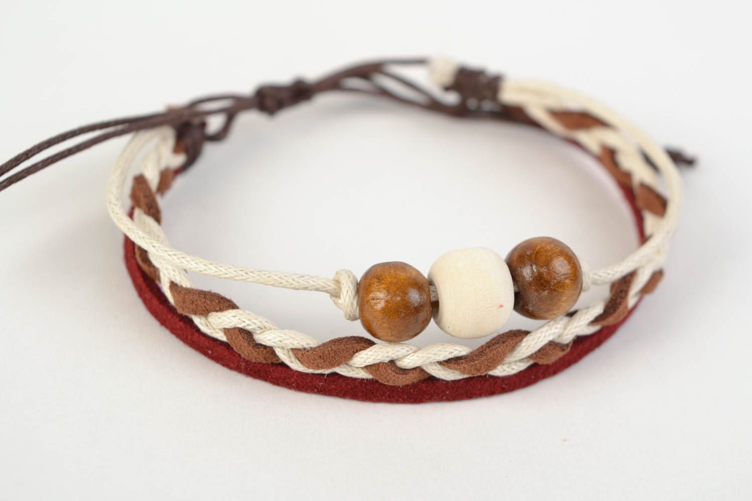 Stylish handmade woven suede cord bracelet with wooden beads photo 3