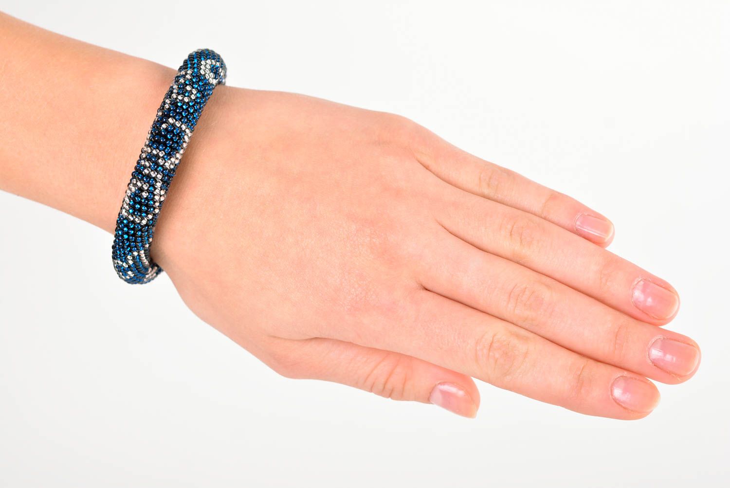 Beaded cord all size bracelet in dark blue color photo 2