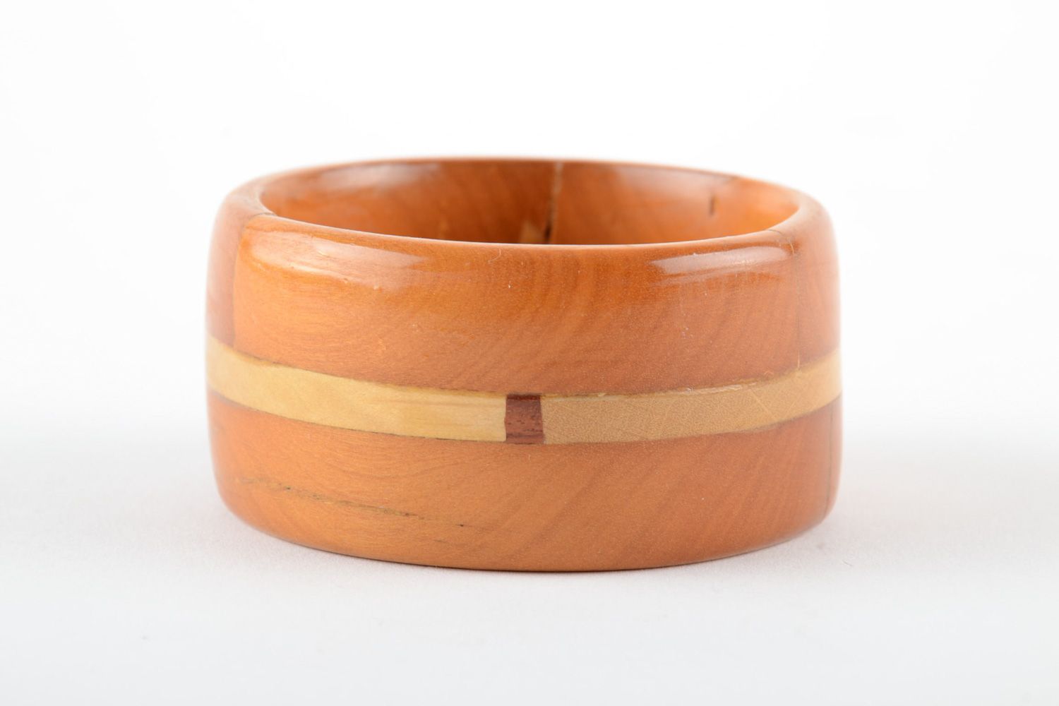 Wide handmade varnished tinted wooden wrist bracelet with inlay for women photo 2