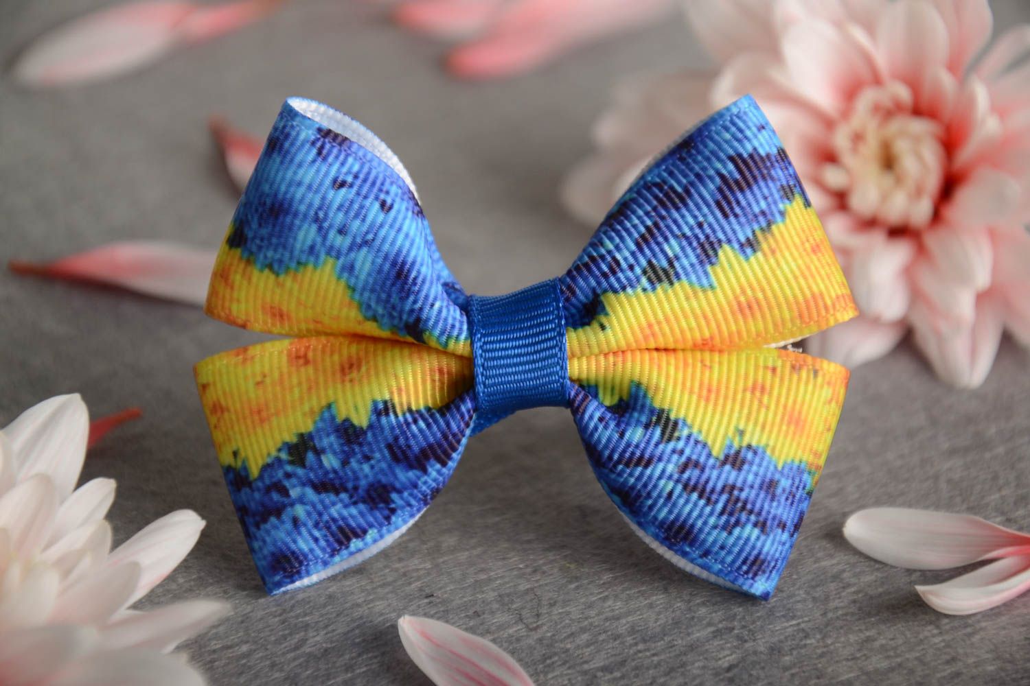 Children's designer hair clip in the form of bow handmade blue and yellow  photo 1