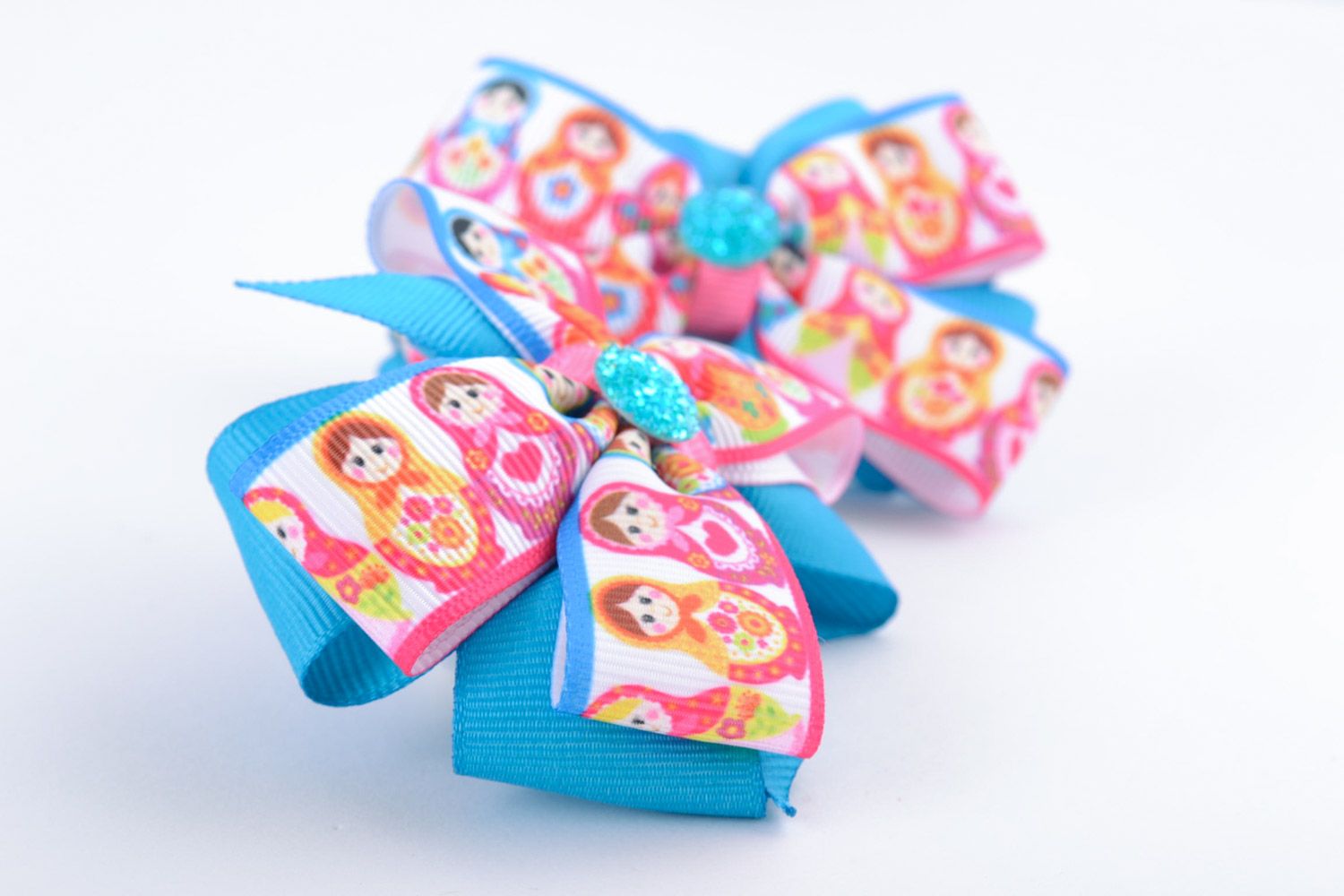 Set of 2 bright colorful handmade hair ties with bows made of satin ribbons  photo 5