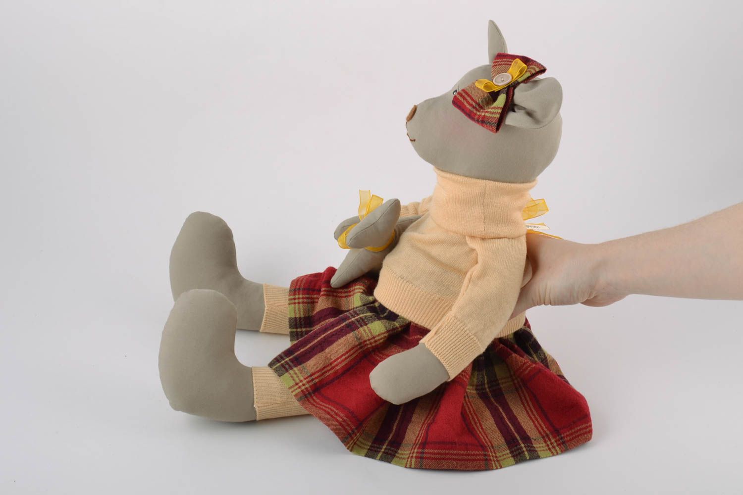 Handmade linen fabric soft toy mouse in red checkered skirt and sweater with bow photo 2