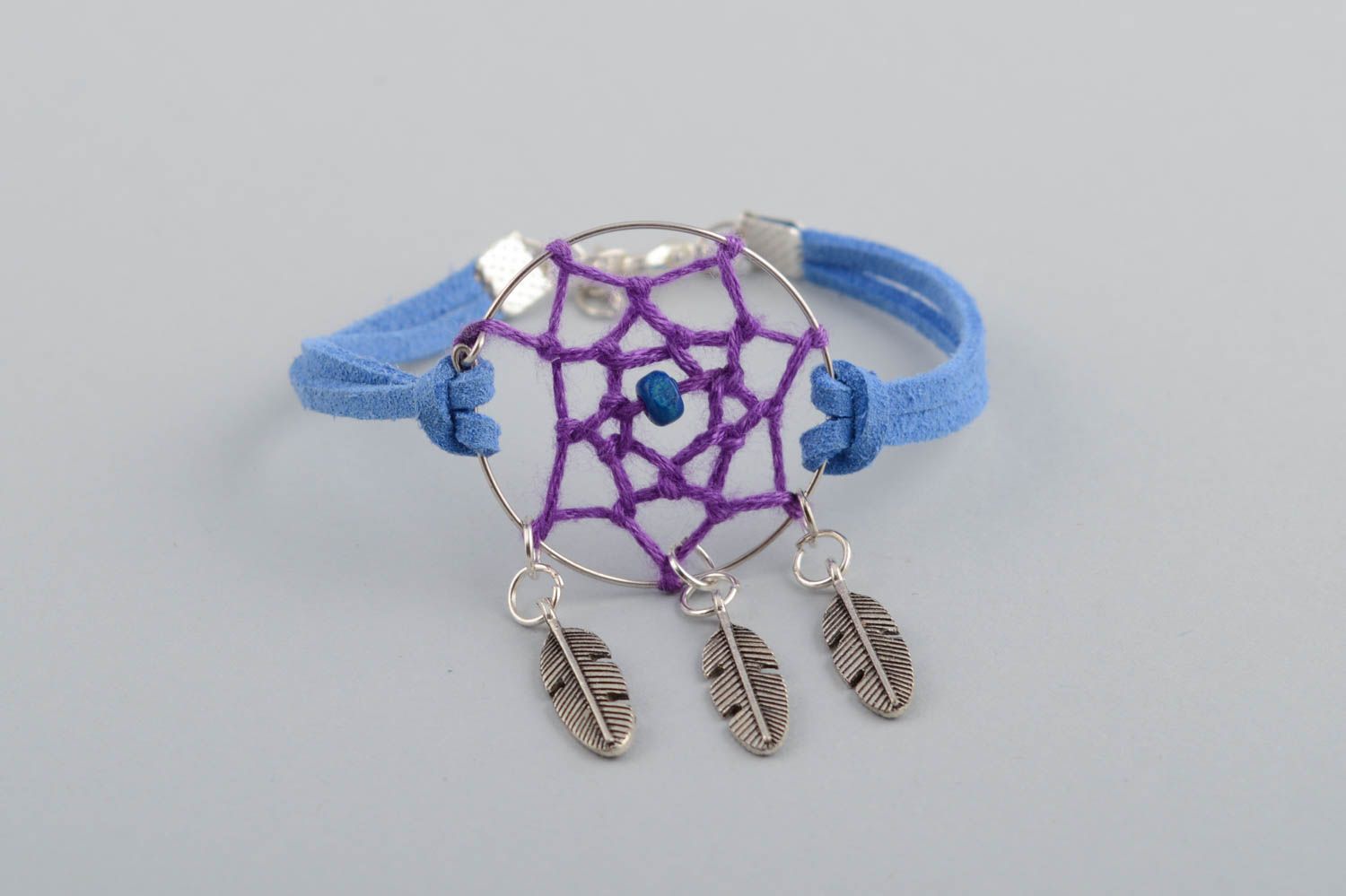 Handmade bracelet amulet on blue lace made using macrame technique Dreamcatcher photo 2