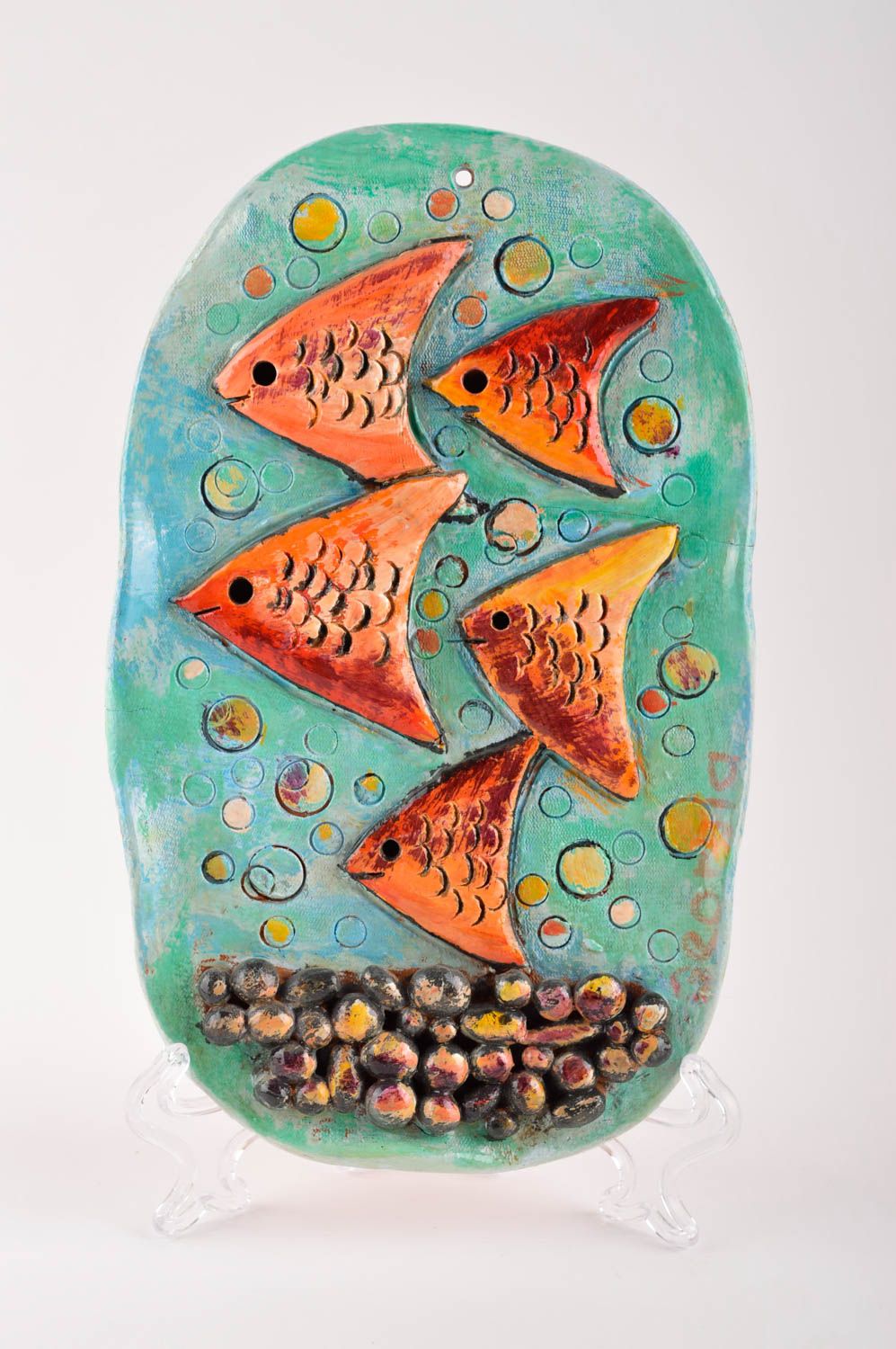 Handmade Wohnzimmer Bild Keramik Deko originelle Geschenke bemalt mit Fischen foto 2