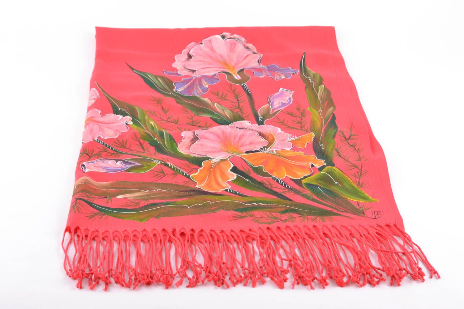 Beautiful painted cashmere scarf of coral color photo 2