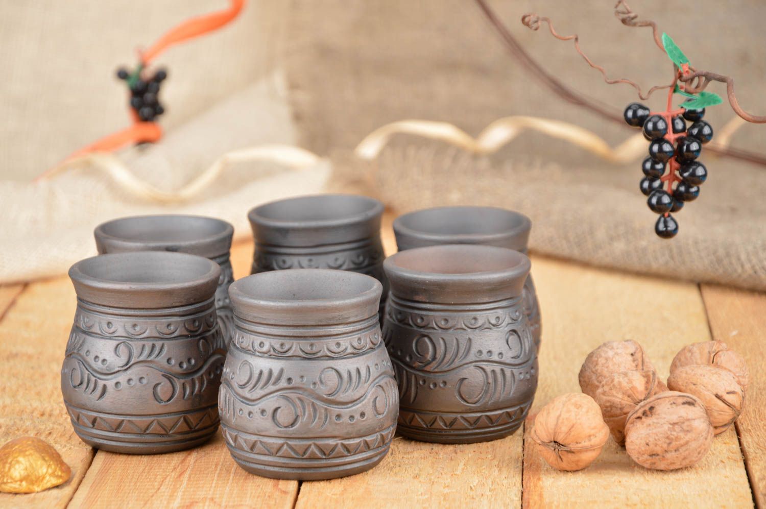 Set of 6 handmade decorative small ceramic ornamented ethnic shot glasses photo 1