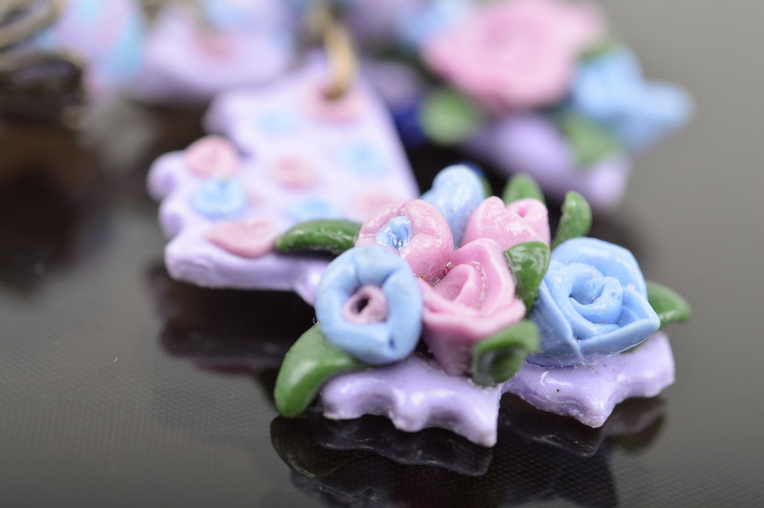 Gentle handmade women's polymer clay bow earrings with flowers of lilac color photo 5