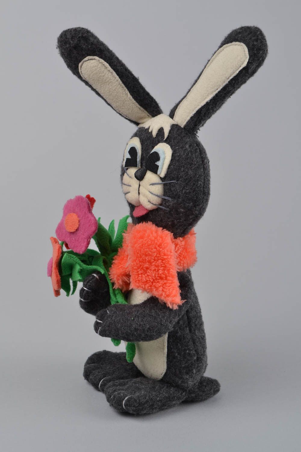 Handmade designer soft toy grey bunny made of fleece for kids photo 3