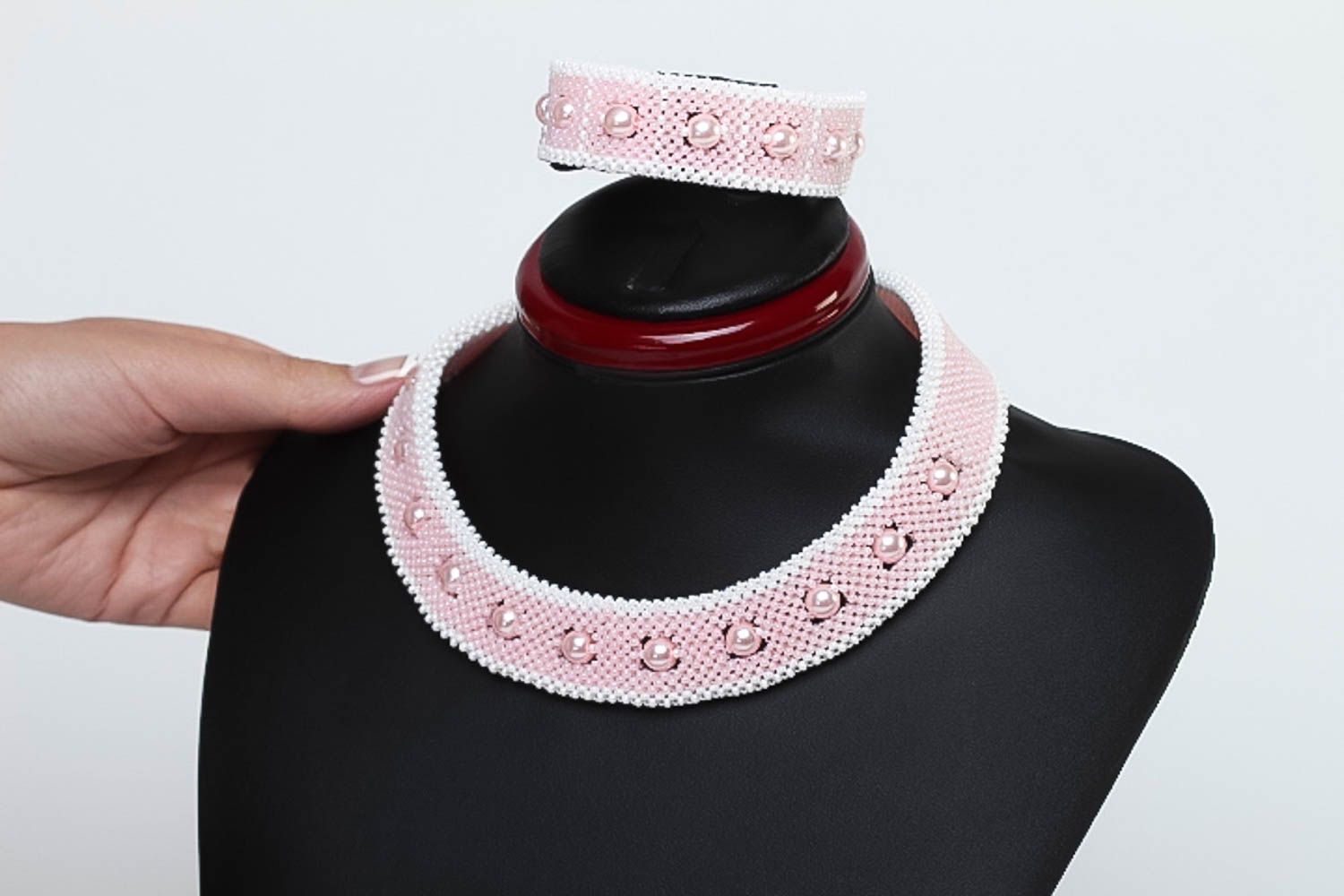 Handmade rosa Schmuck Set aus Glasperlen Collier Halskette Damen Armband  foto 5