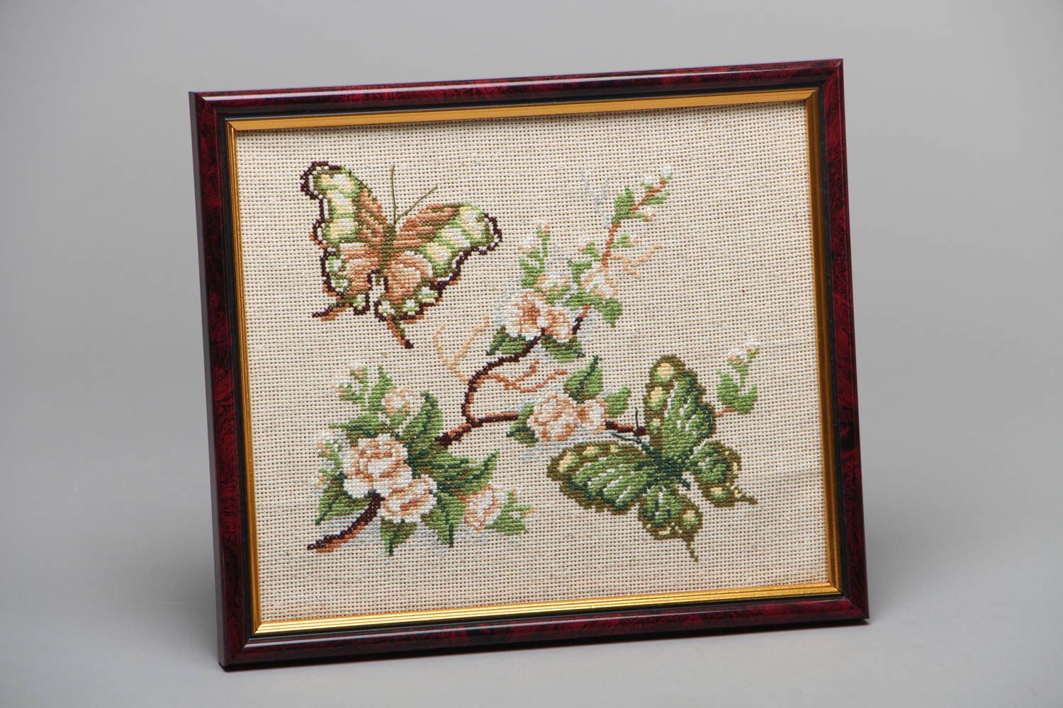 Cross stitched picture Green Butterflies photo 1