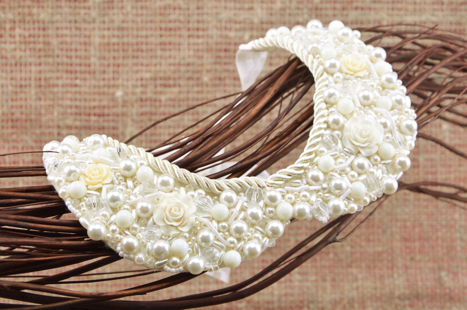 Handmade festive decorative white bead embroidered collar necklace Tenderness photo 5