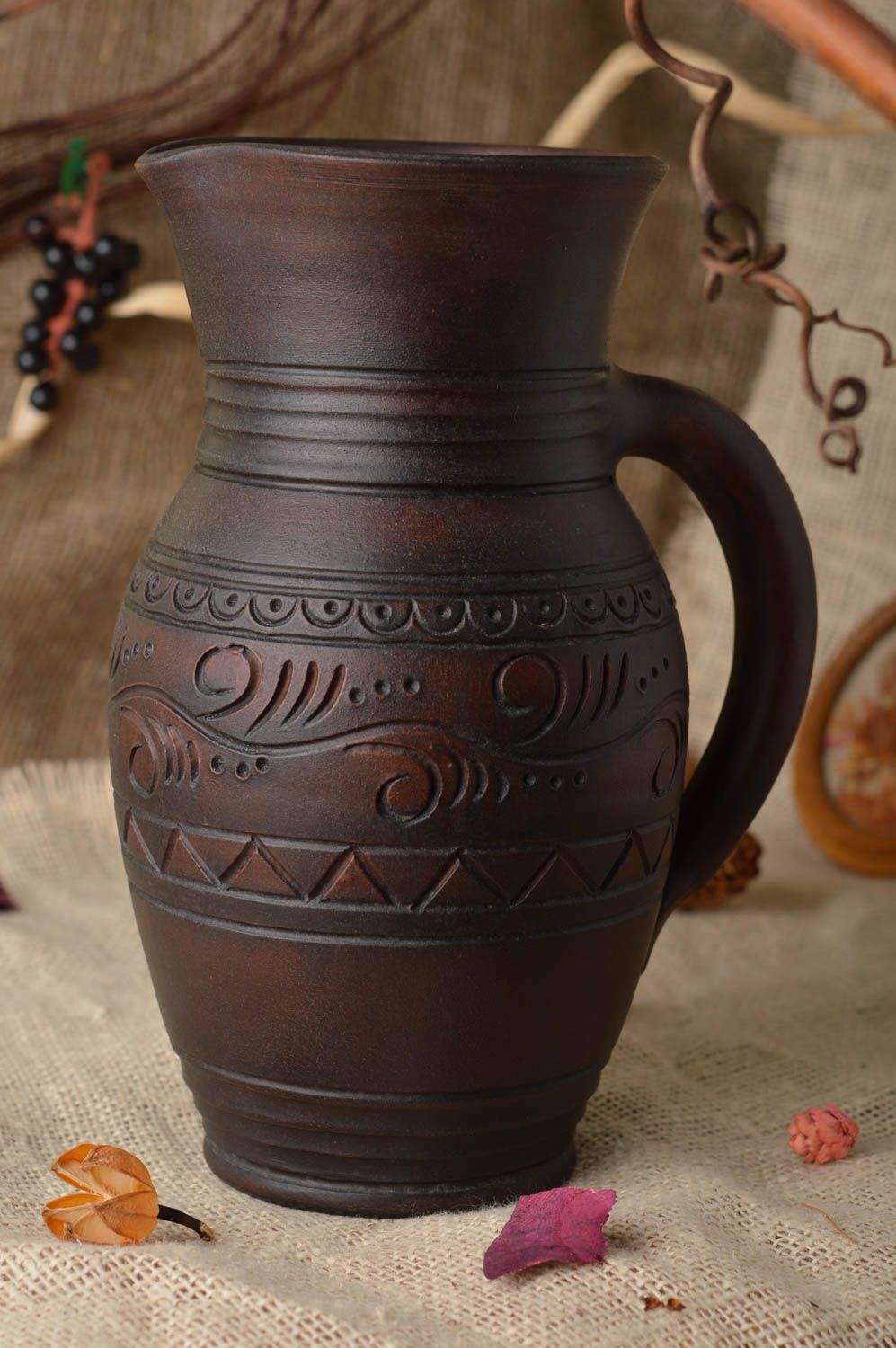 60 oz dark brown ceramic handmade water jug with handle in classic style 2 lb photo 1