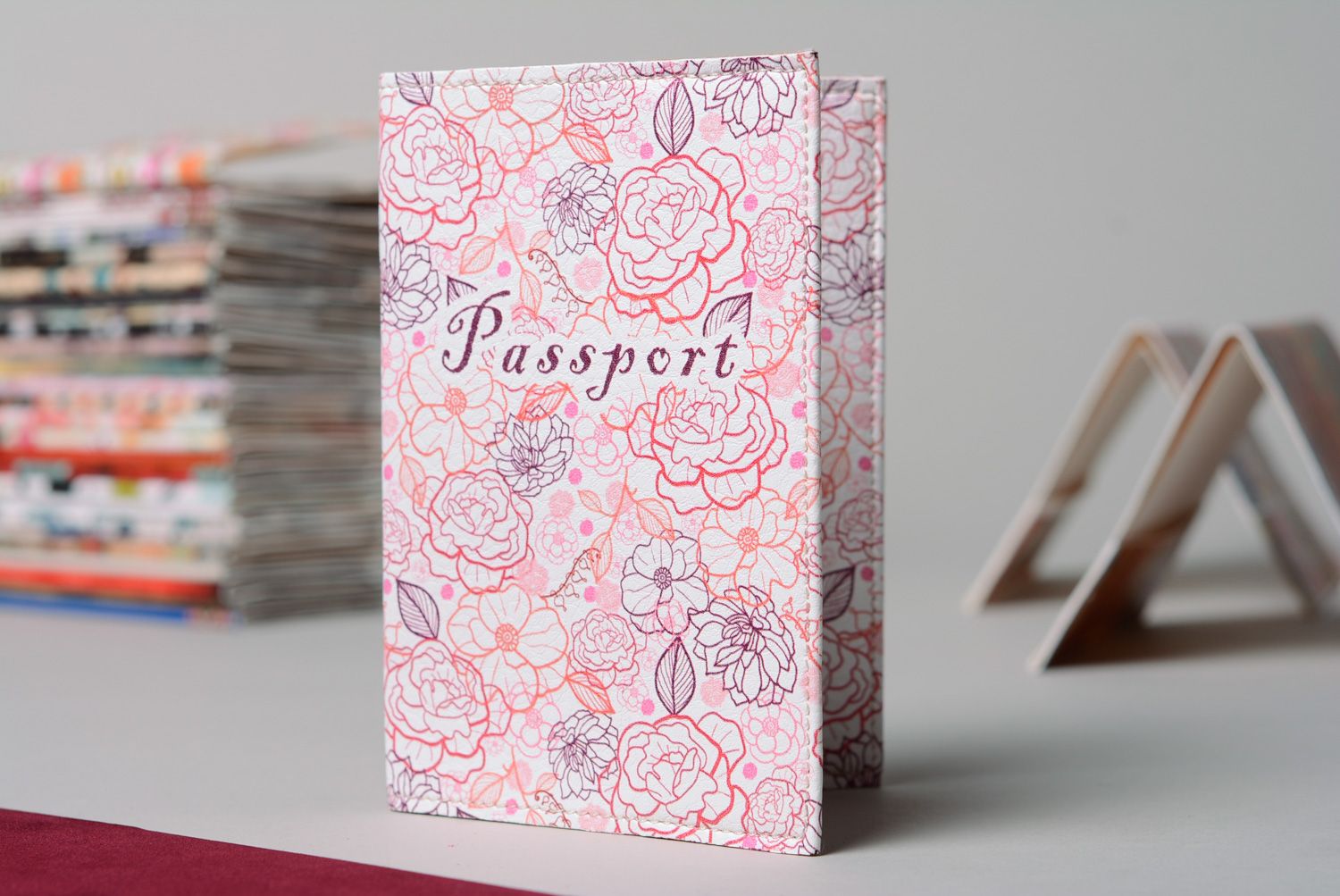 Homemade leather passport cover with flower print photo 1