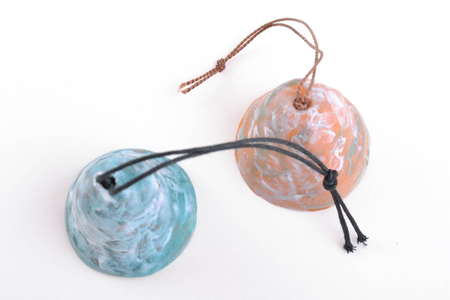 Set of 2 handmade decorative ceramic wall hanging bells painted with acrylics photo 3