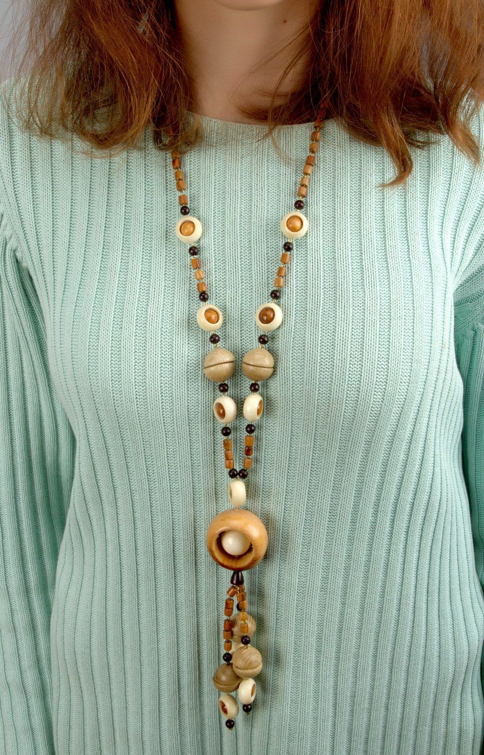 Handmade long wooden bead necklace photo 3