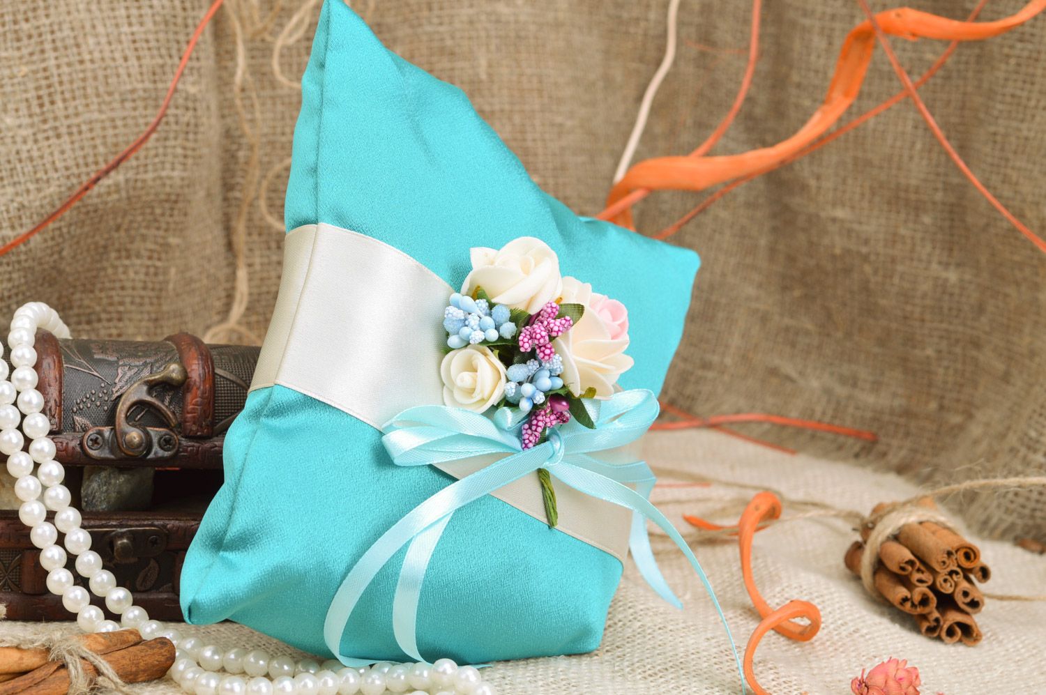 Handmade wedding rings bearer pillow sewn of blue satin with tender flowers  photo 1