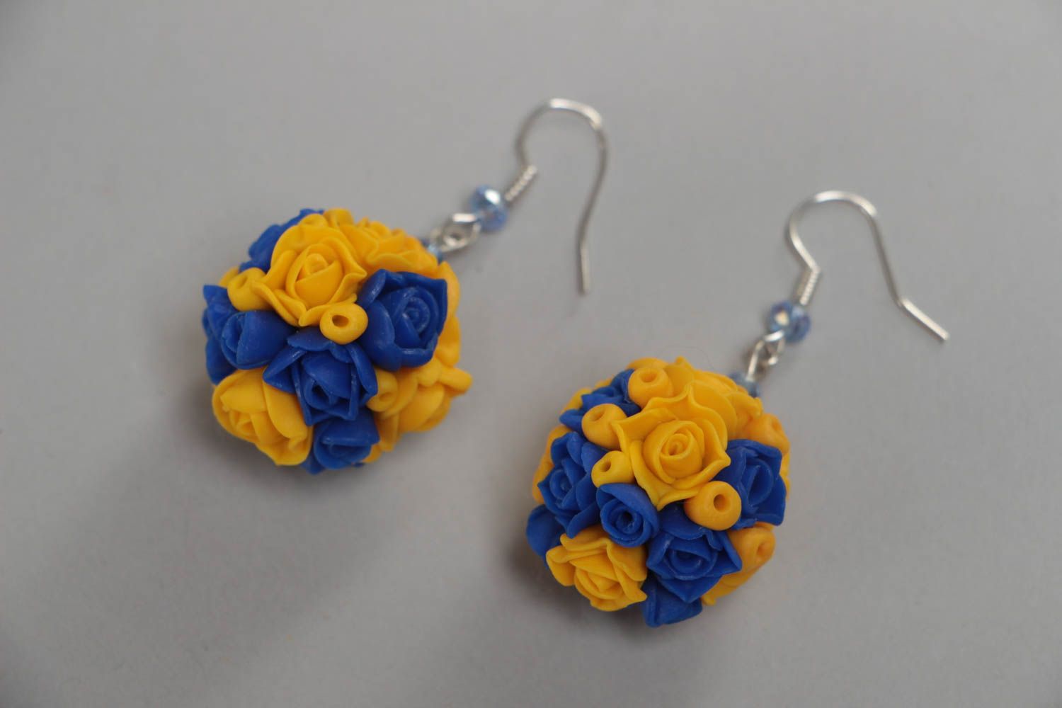 Earrings with flowers made of polymer clay with beads bright yellow with blue  photo 2