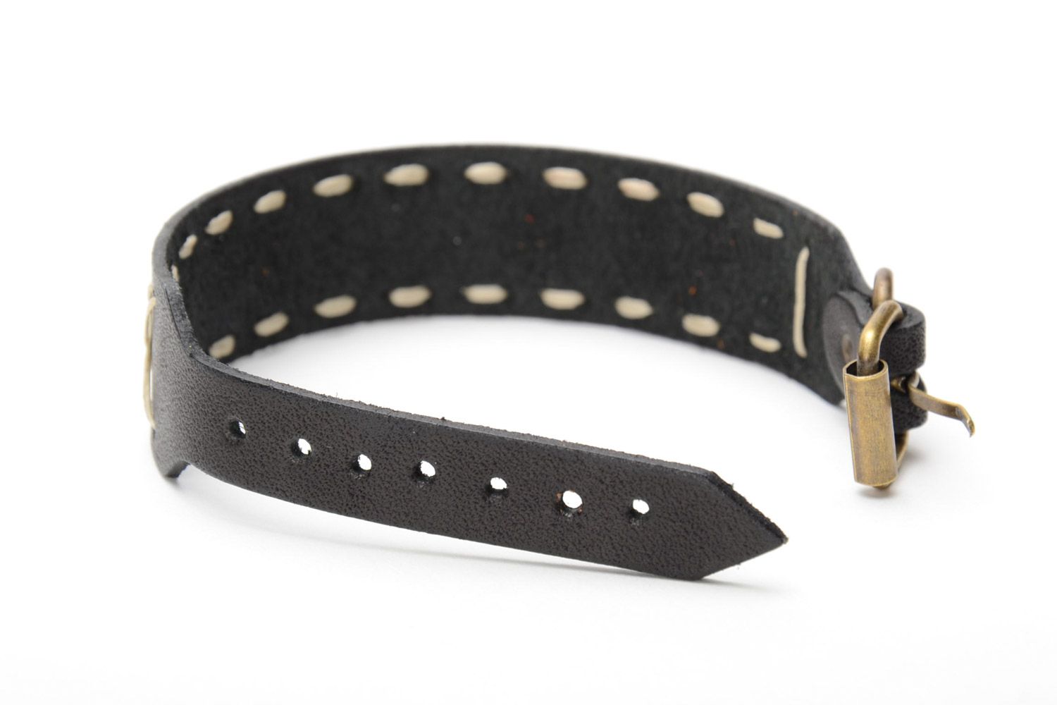 Bracelet en cuir naturel fait main design original large de couleur noire photo 4