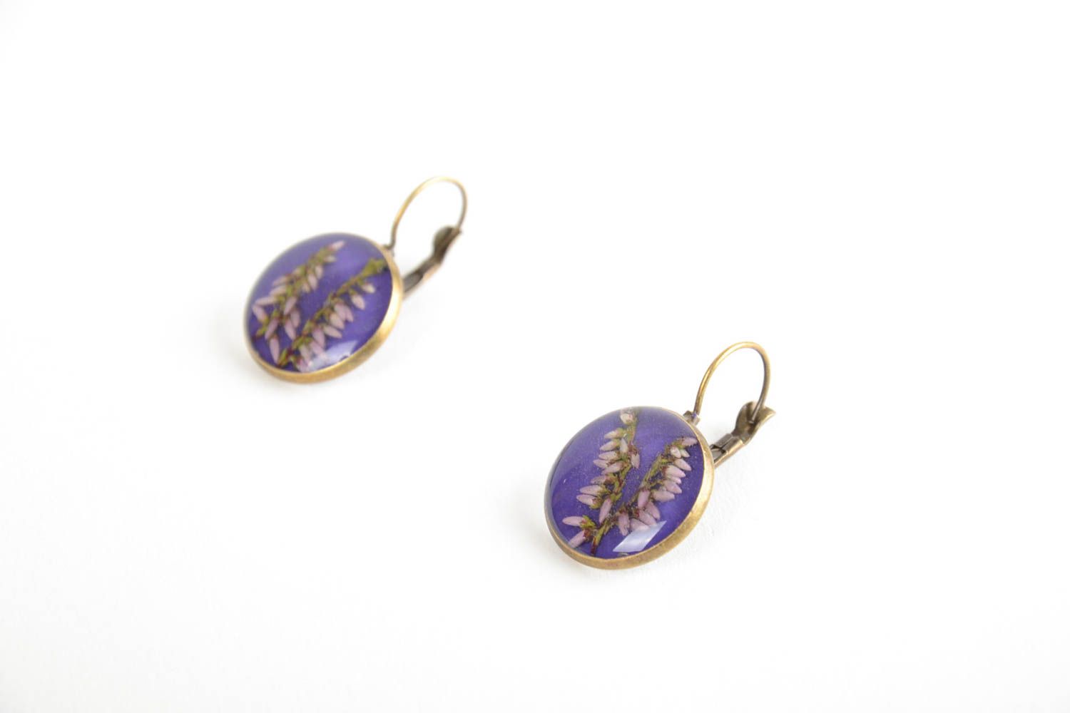 Nice handmade round epoxy resin earrings of lilac color with living plants photo 5