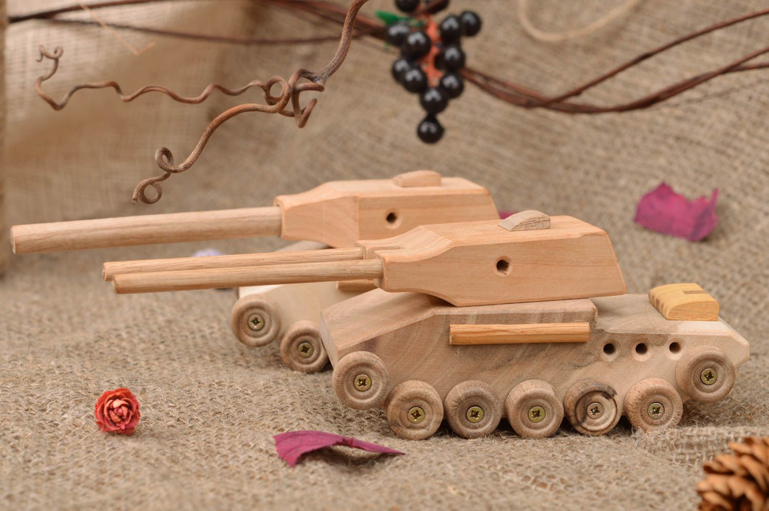 Set of 2 handmade designer children's wooden toy tanks for boys eco photo 1
