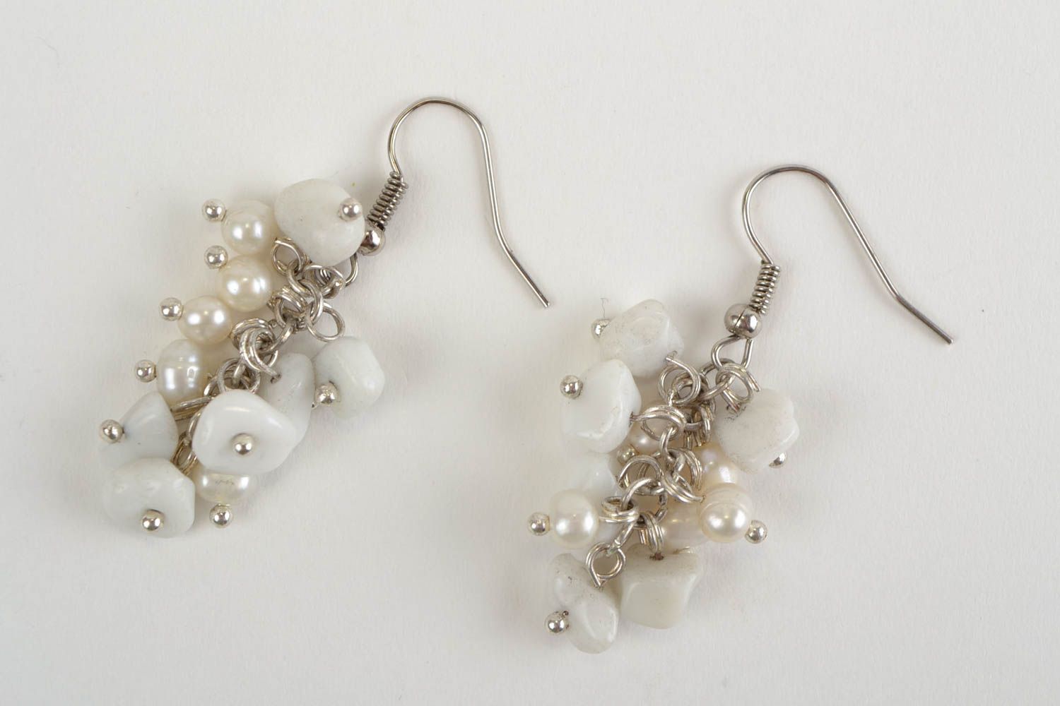 Beautiful handmade women's white woven earrings with natural stone beads photo 3