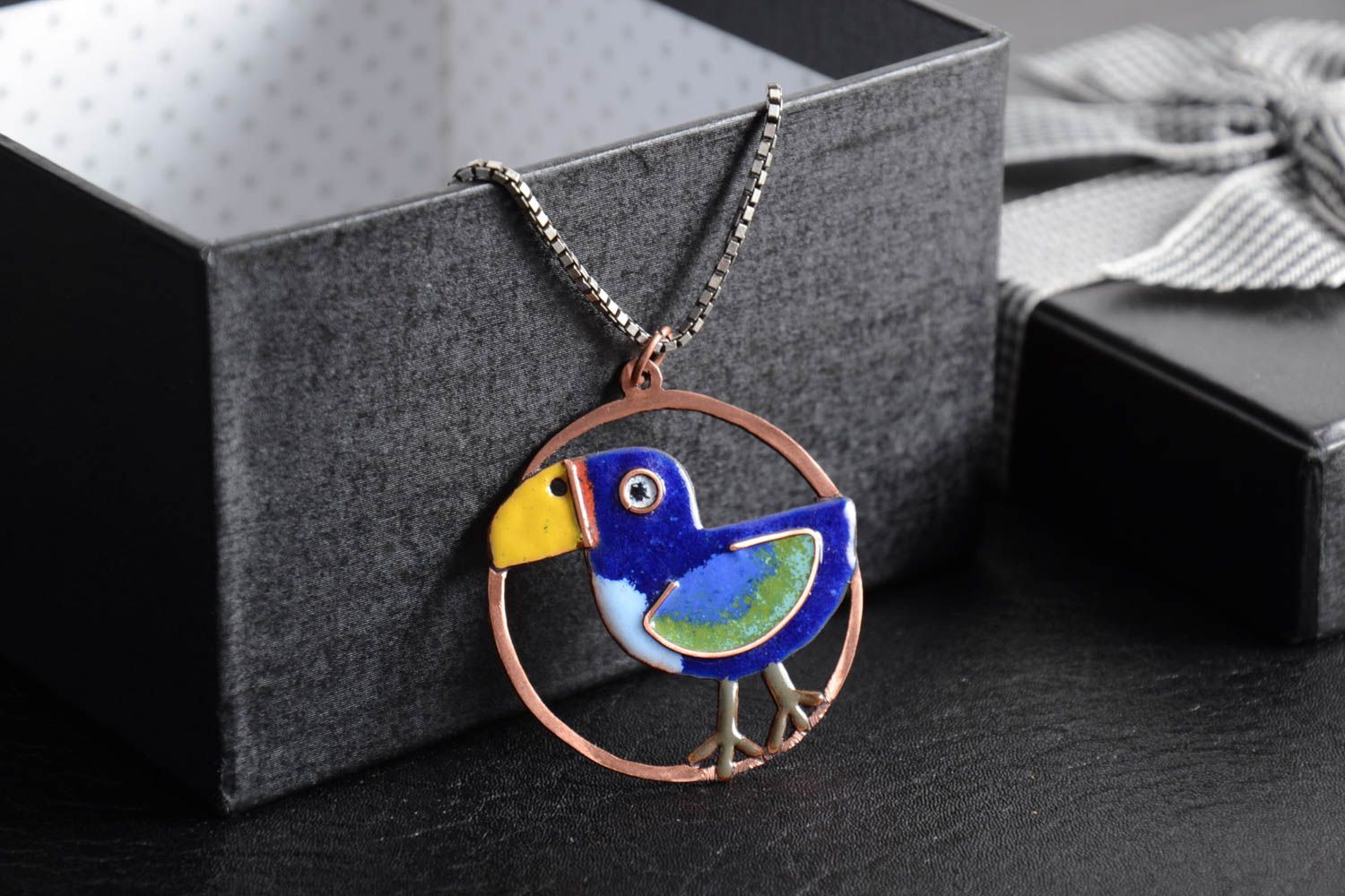 Handmade copper pendant with hot enamel painting without chain Bird photo 1