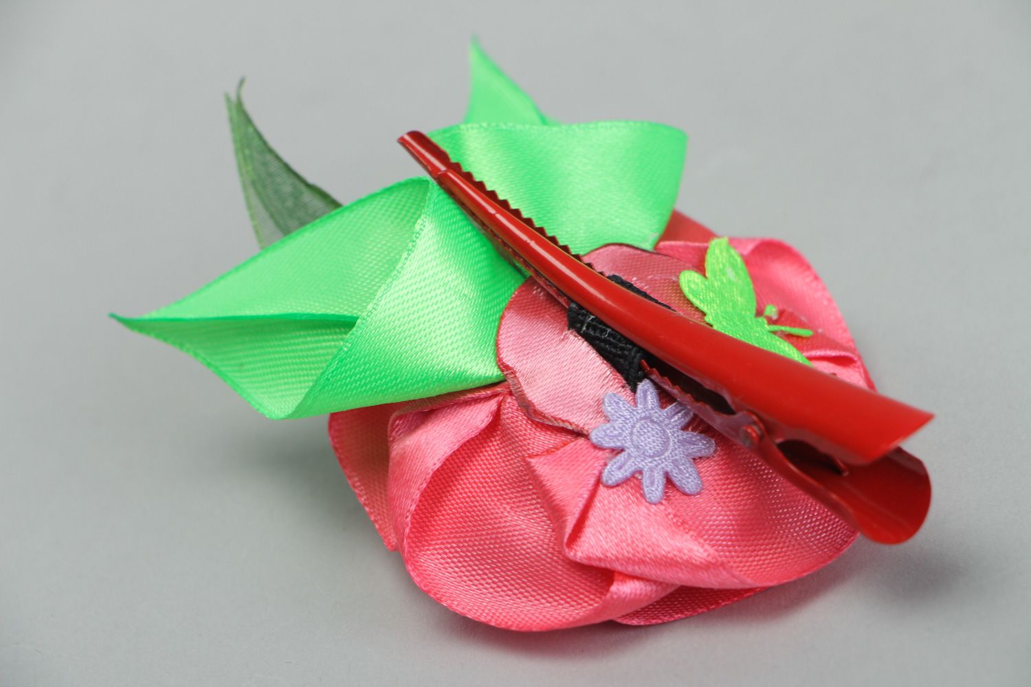 Handmade bright hair clip with volume pink flower sewn of satin fabric photo 3