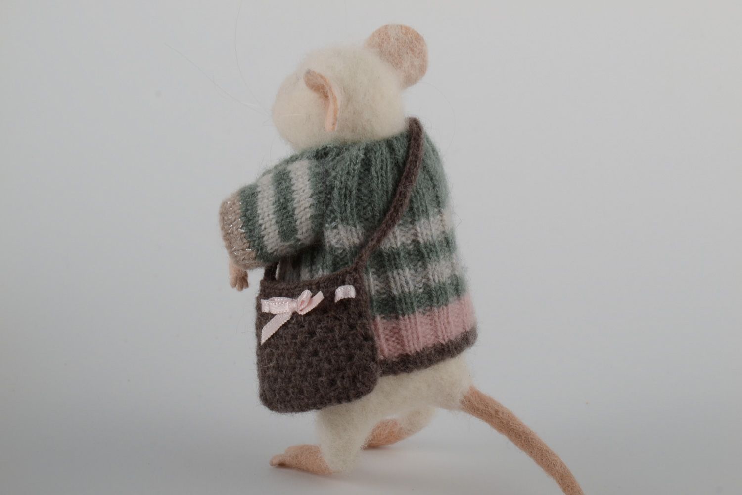 Small handmade interior soft toy felted of natural wool in the shape of mouse photo 2