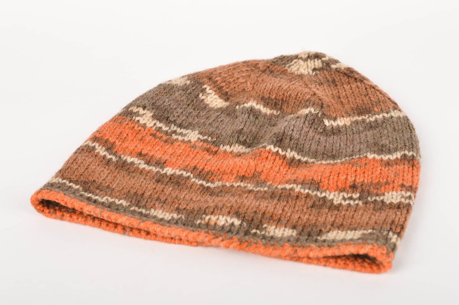 Вязаная шапка ручной работы зимняя шапка трехцветная вязаная шапочка шерстяная фото 2