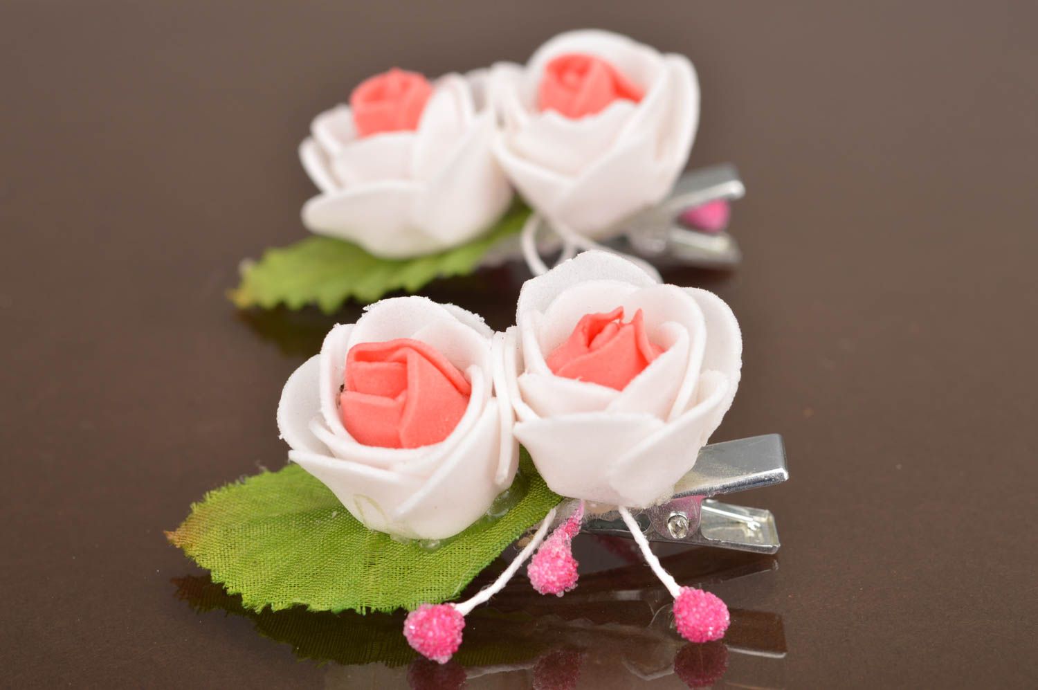 Blumen Haarspangen Set weiß rosa Rosen für Kinder Geschenk handgemacht schön foto 2