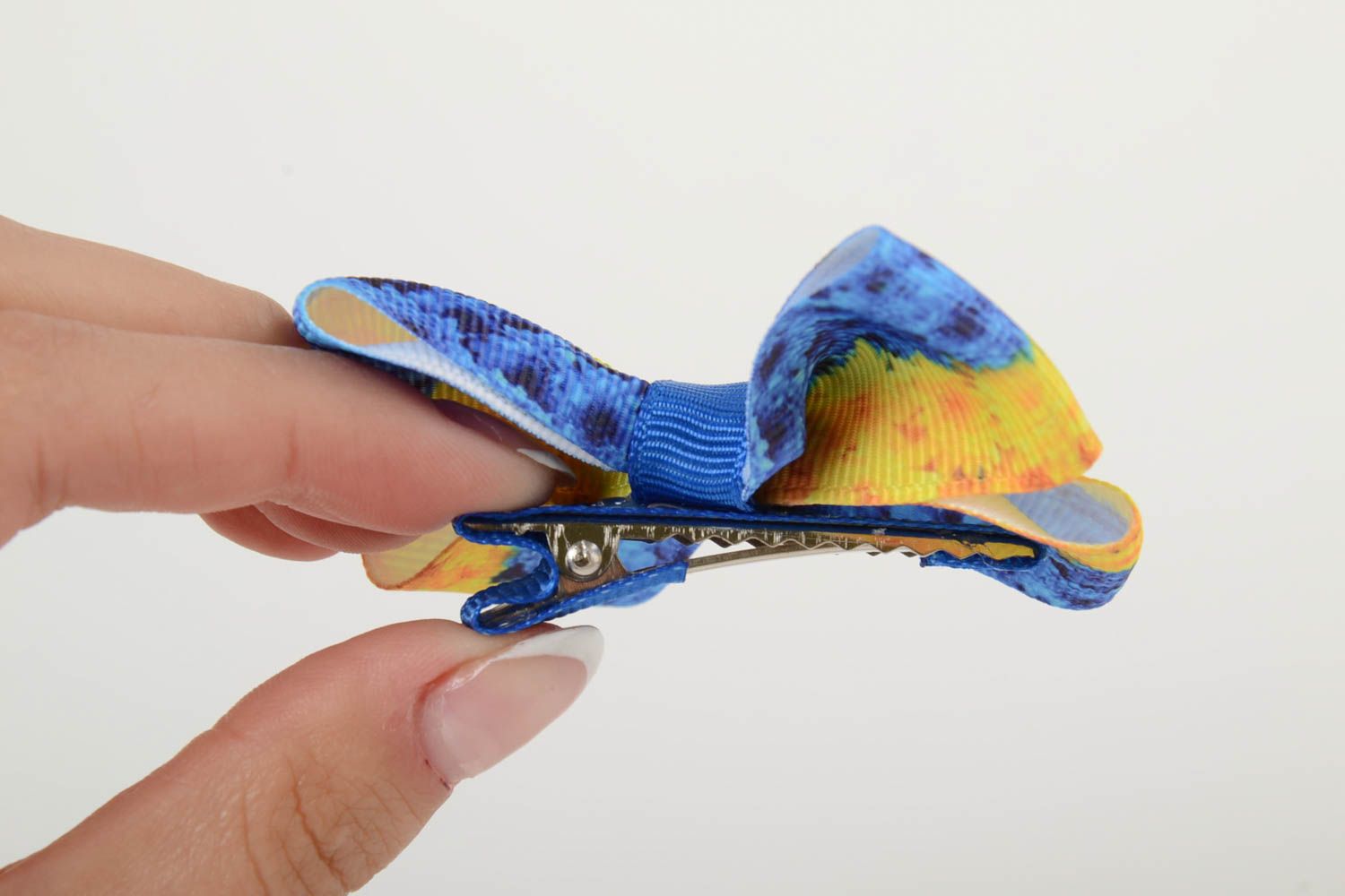 Handgemachte Haarklemme aus Ripsband in Form von Schleife für Kinder blau gelb foto 4