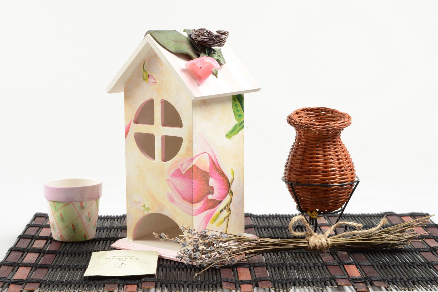 Teebeutel Aufbewahren handgefertigt Holz Box Küchen Zubehör mit Blumen bemalt foto 1