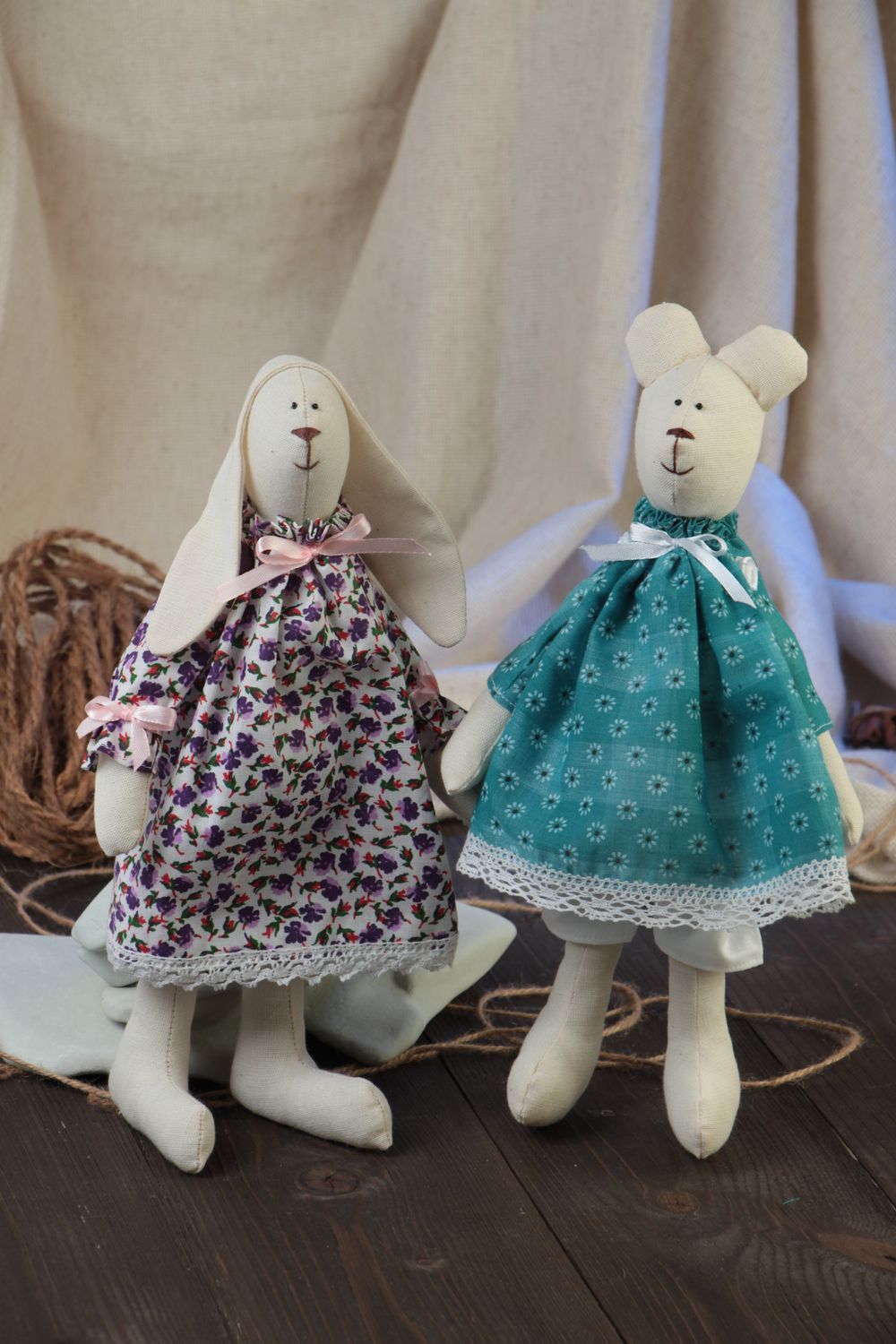 Set of 2 handmade cute fabric soft toys bear and rabbit in colorful dresses photo 1
