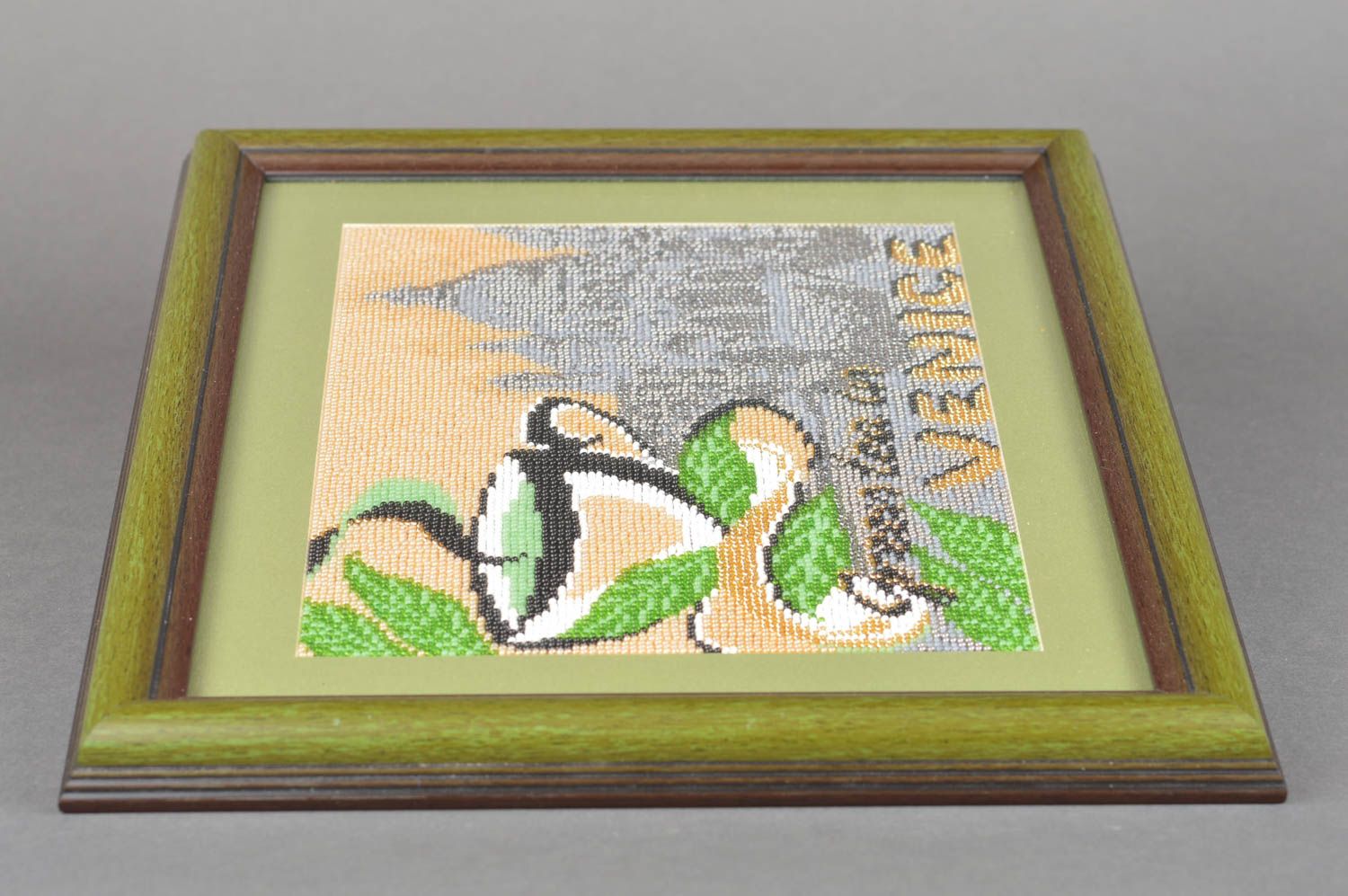 Handmade picture in frame embroidered with Czech beads Green tea in Venice photo 4